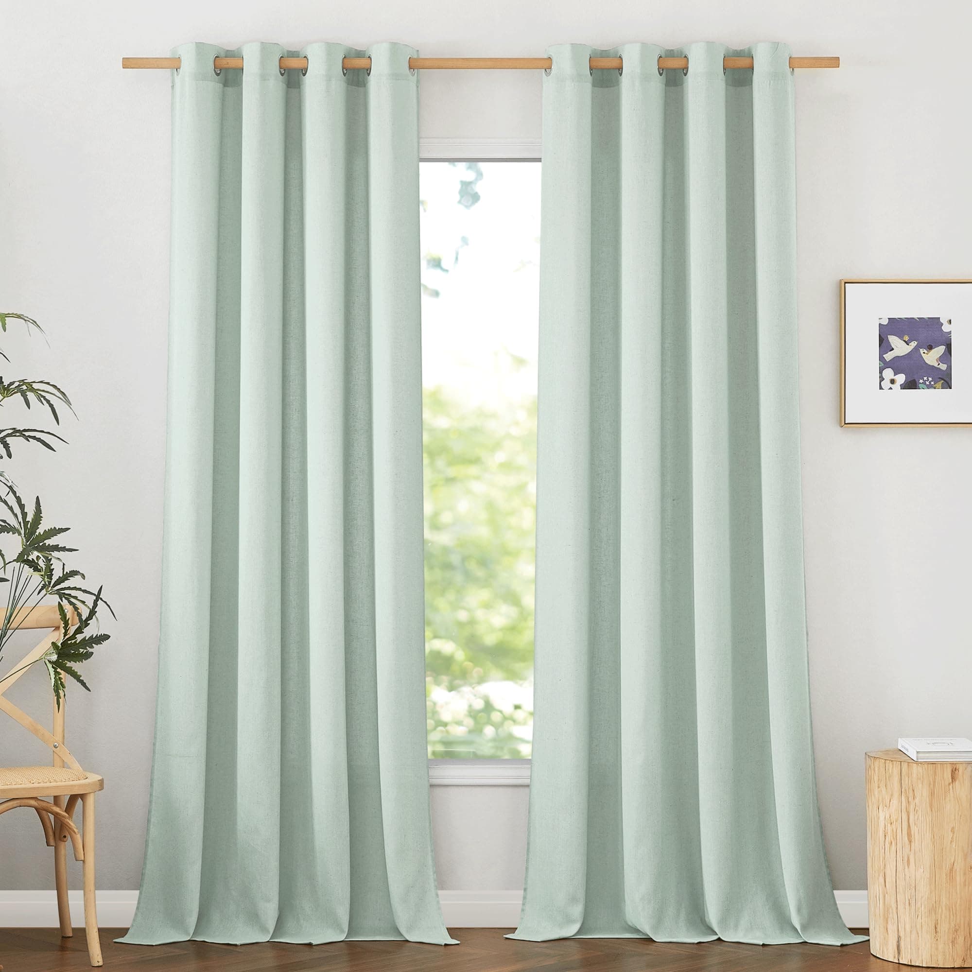 PONY DANCE Leinen Gardinen mit Ösen Wohnzimmer Vorhänge Modern 2er Set H 200 x B 140 cm Salbeigrün, Leinenoptik Vorhang Halbtransparent Semi-Sheer Linen Curtains for Bedroom