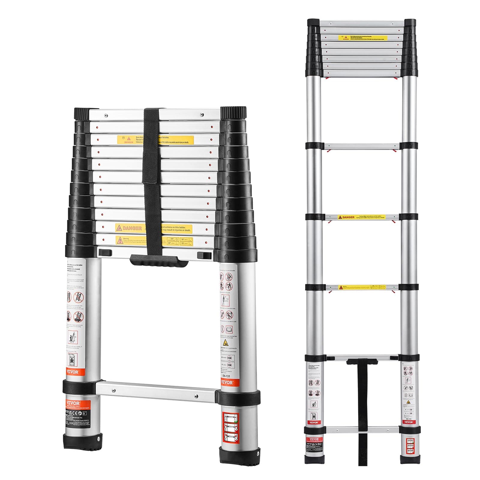 VEVOR Échelle Télescopique Aluminium 3,8 m Pliable Multifonctionnelle Rétraction à Un Bouton Capacité de Charge 150 kg Pieds Antidérapants Échelle pour Maison, Travaux Extérieurs, Grenier, Réparation