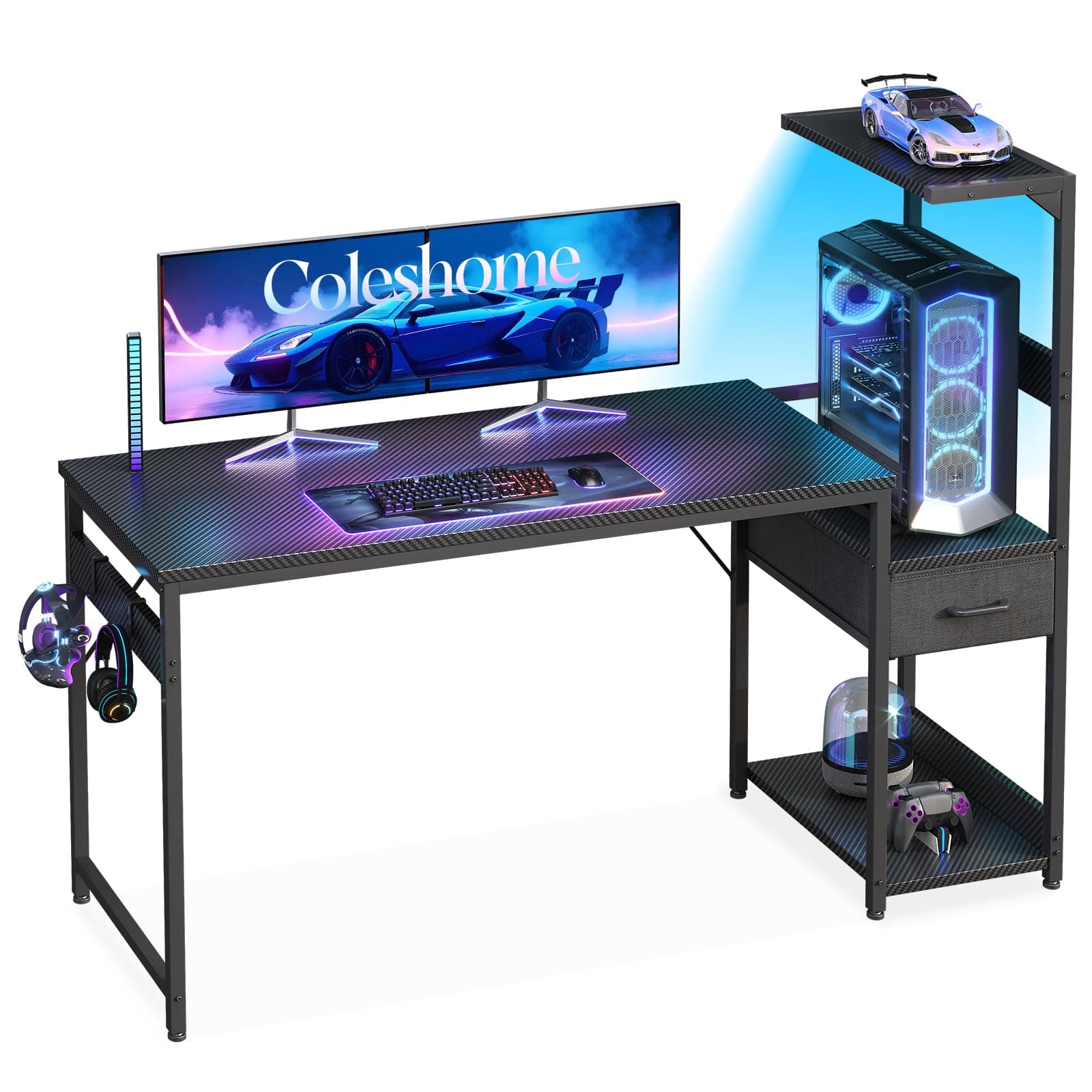Coleshome Escritorio Gaming con Iluminación LED, 138×48cm Mesa Gaming con Cajones y Estanteria, Mesa Gamer Reversible con Gancho para Cascos, Negro Fibra de Carbono