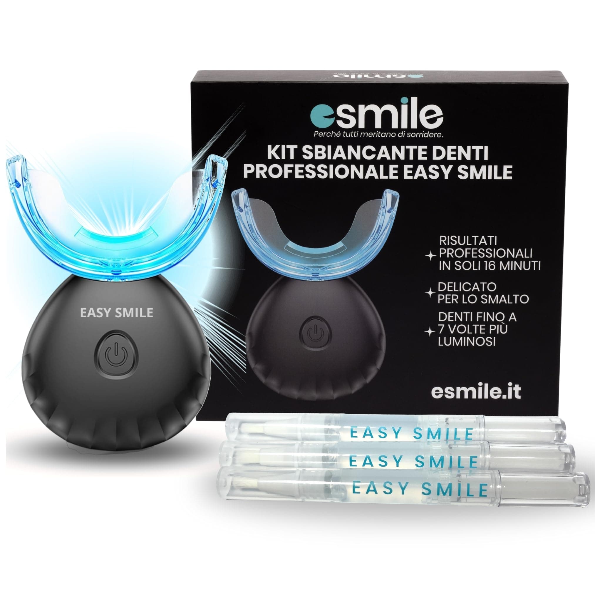 Esmile Kit Sbiancamento Denti con 16 Luci LED – Formula con Agente Ossidante Attivo a Bassa Concentrazione – Sbiancante Professionale per Denti Sensibili, Azione Delicata sullo Smalto, Gel Incluso