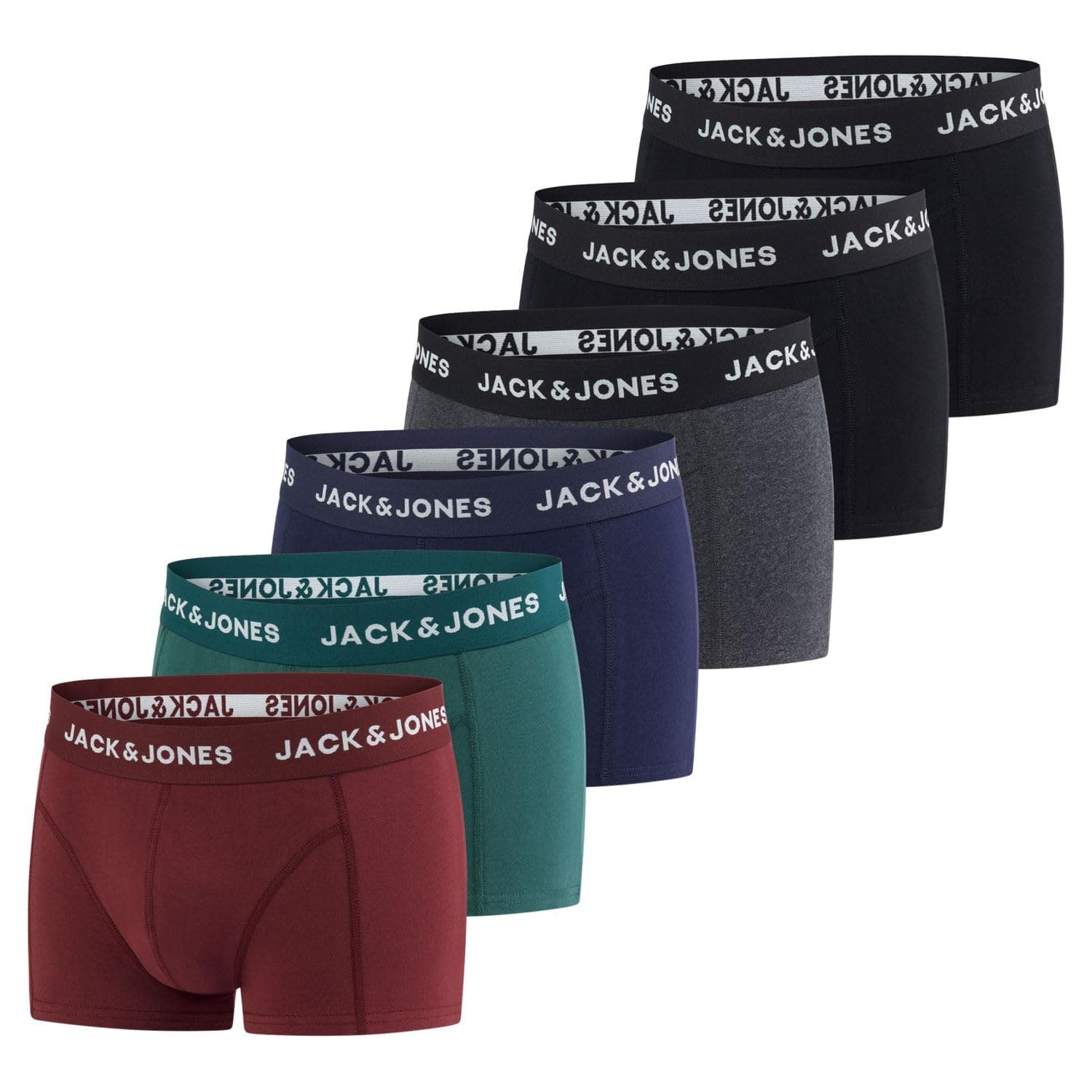JACK & JONES Unterhosen Jungen 128 140 152 164 176 6er Pack Junior Kinder Boxershorts Unterwäsche Retroshorts Set Bio-Baumwolle Schwarz Rot Grün Blau Grau