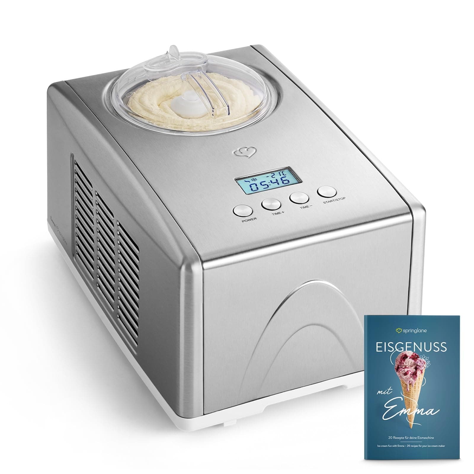 SPRINGLANE Gelatiera Emma 1,5 L con compressore autoraffreddante 150 W, in acciaio inossidabile con contenitore per il ghiaccio rimovibile (Argento, 1.5 L)