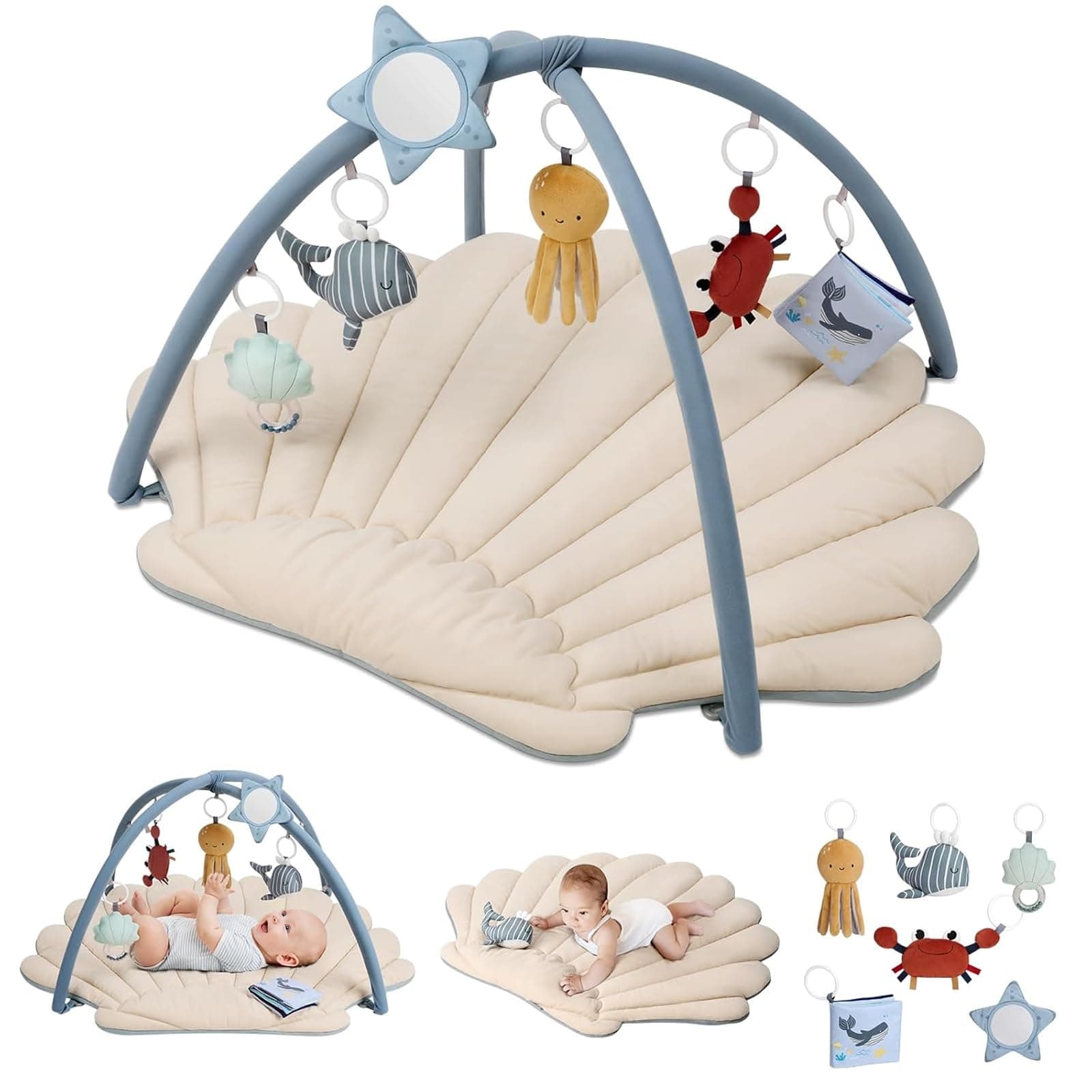 Blissful Diary Tapis d'éveil Bébé avec Arche Amovible, Tapis Éveil Bébé 6 Jouets - Développement Sensoriel et Moteur Progressif, Enfant, Fille et Garçon, Bohème Océan