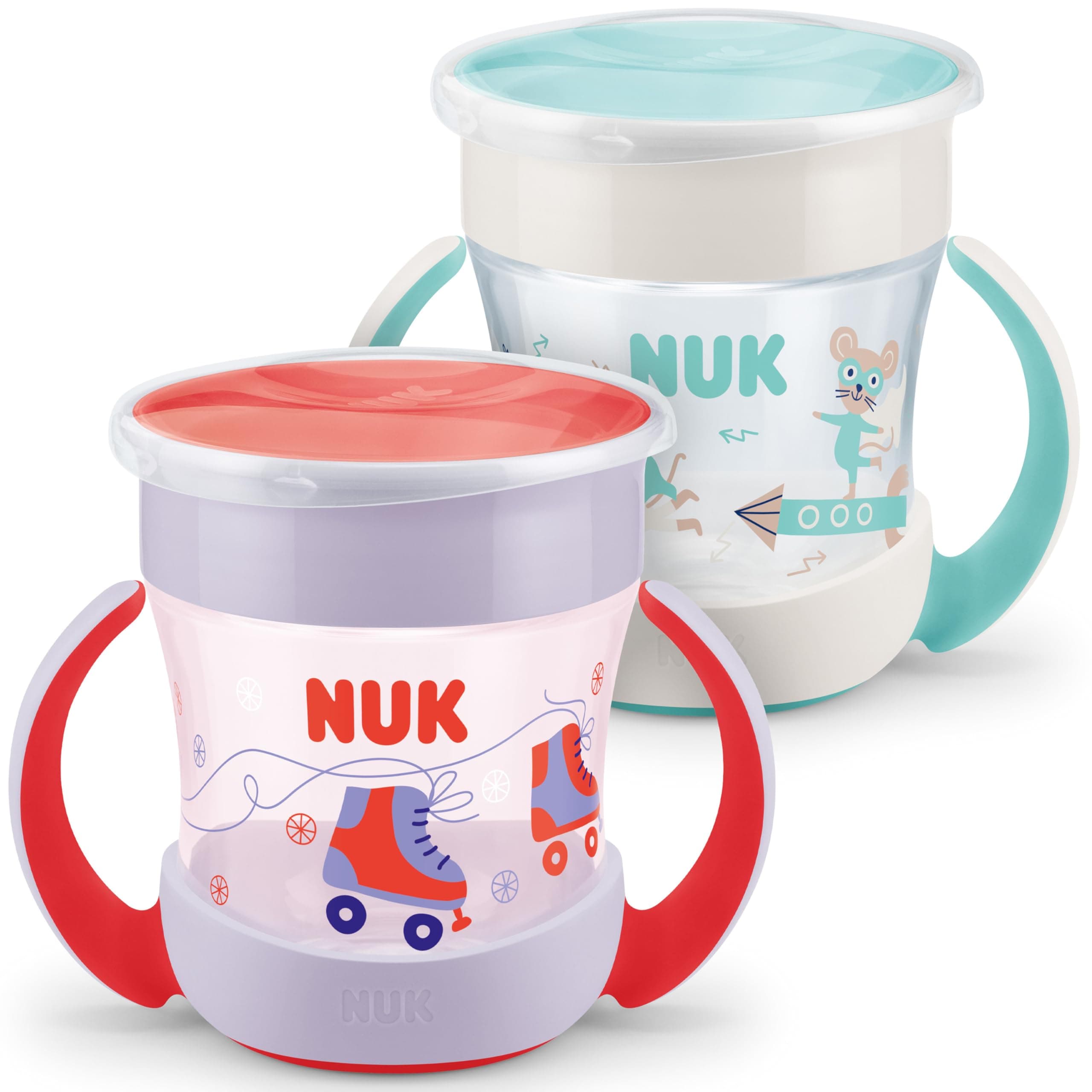 NUK Mini Magic Cup Tasse d’Apprentissage | Rebord antifuite 360° | 6+ mois | Poignées ergonomiques | 160 ml | Rose et turquoise | Lot de 2