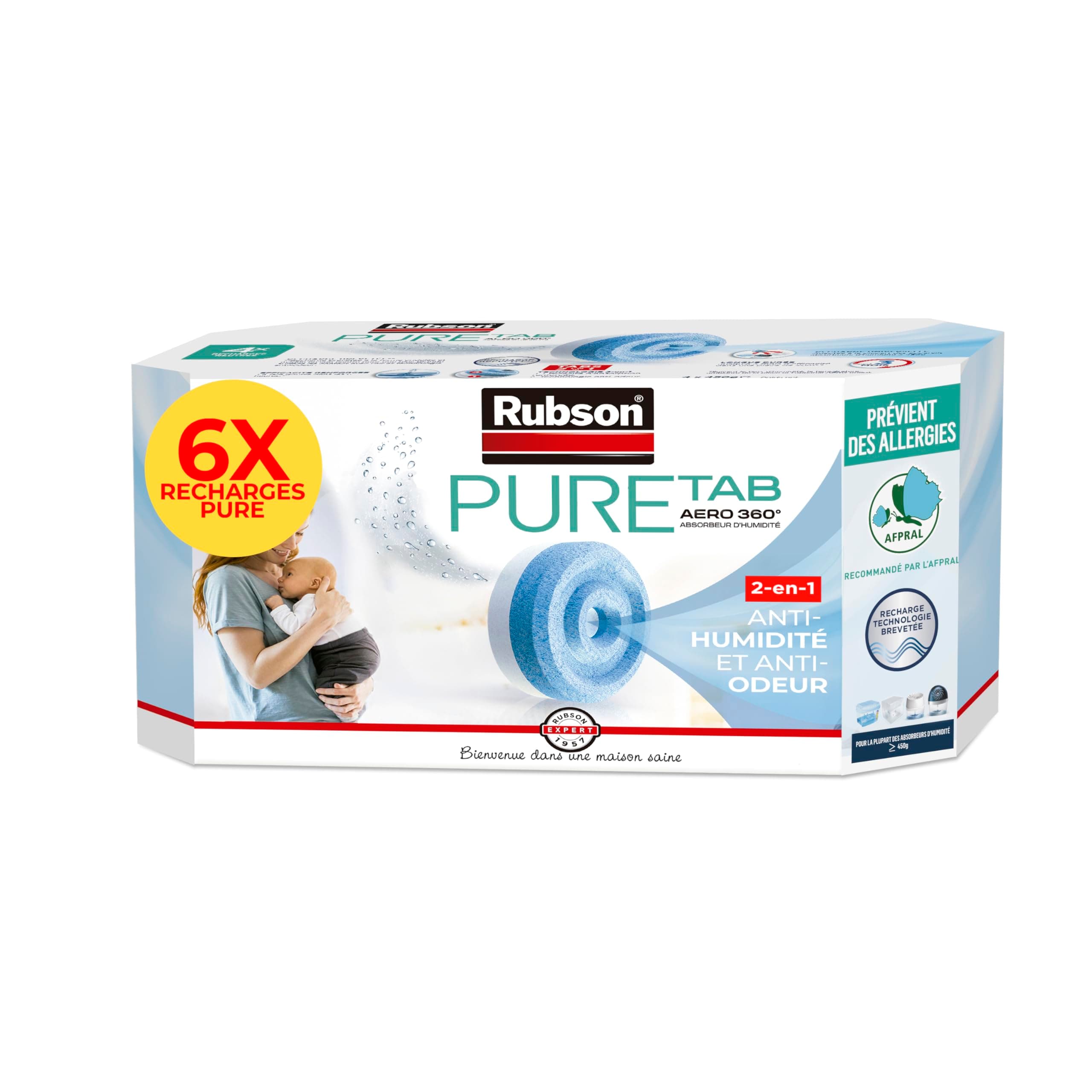 Rubson | Recharges Absorbeur d'Humidité Aero 360° Pure Tab (6 x 450 g) – Recharges anti-humidité & anti-odeur pour déshumidificateur – Purificateur d'air pour lutter contre les allergies