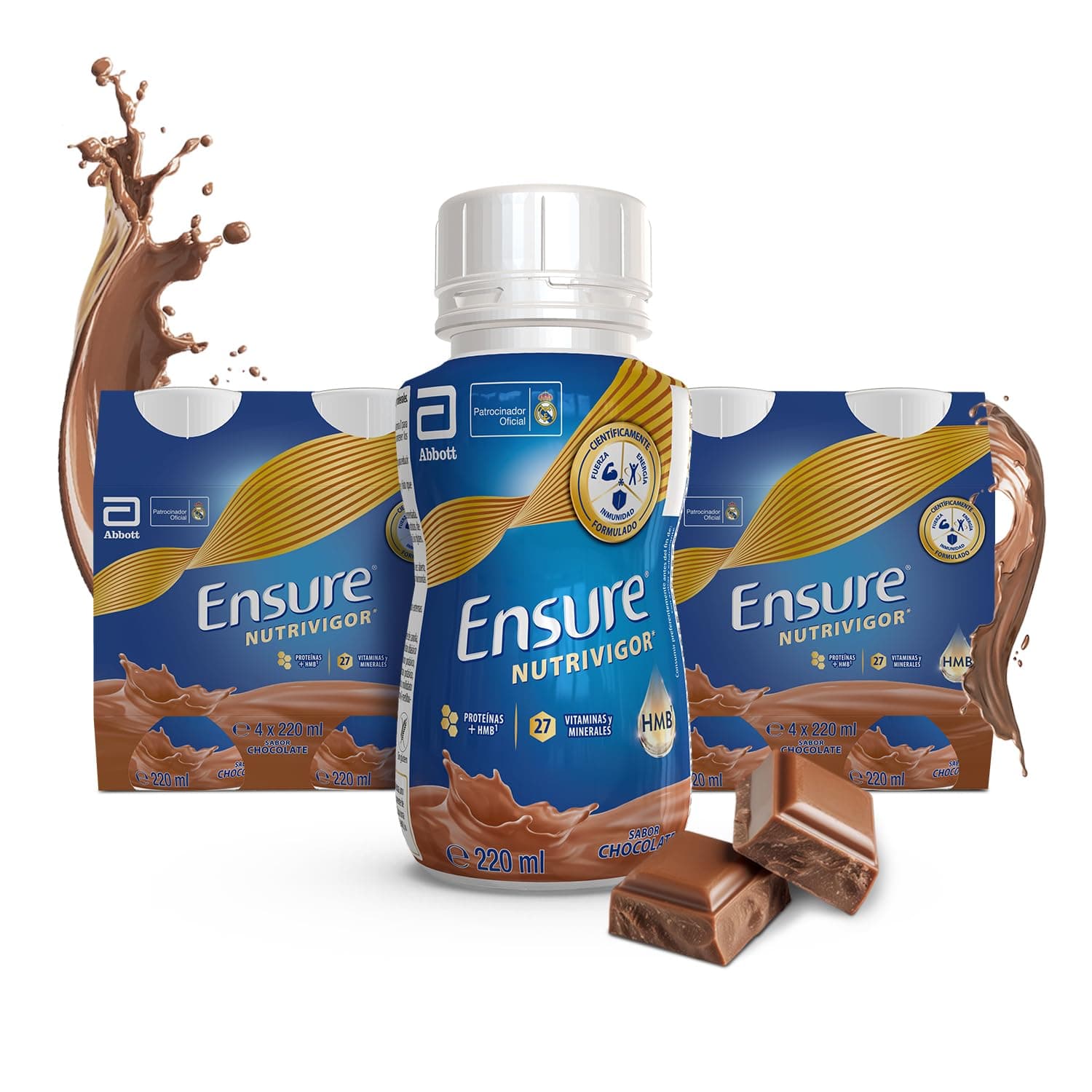 Ensure Nutrivigor - Complemento Alimenticio para Adultos, con HMB, Proteínas, Vitaminas y Minerales, como el Calcio - Sabor Chocolate - Pack de 8 Botellas x 220 ml