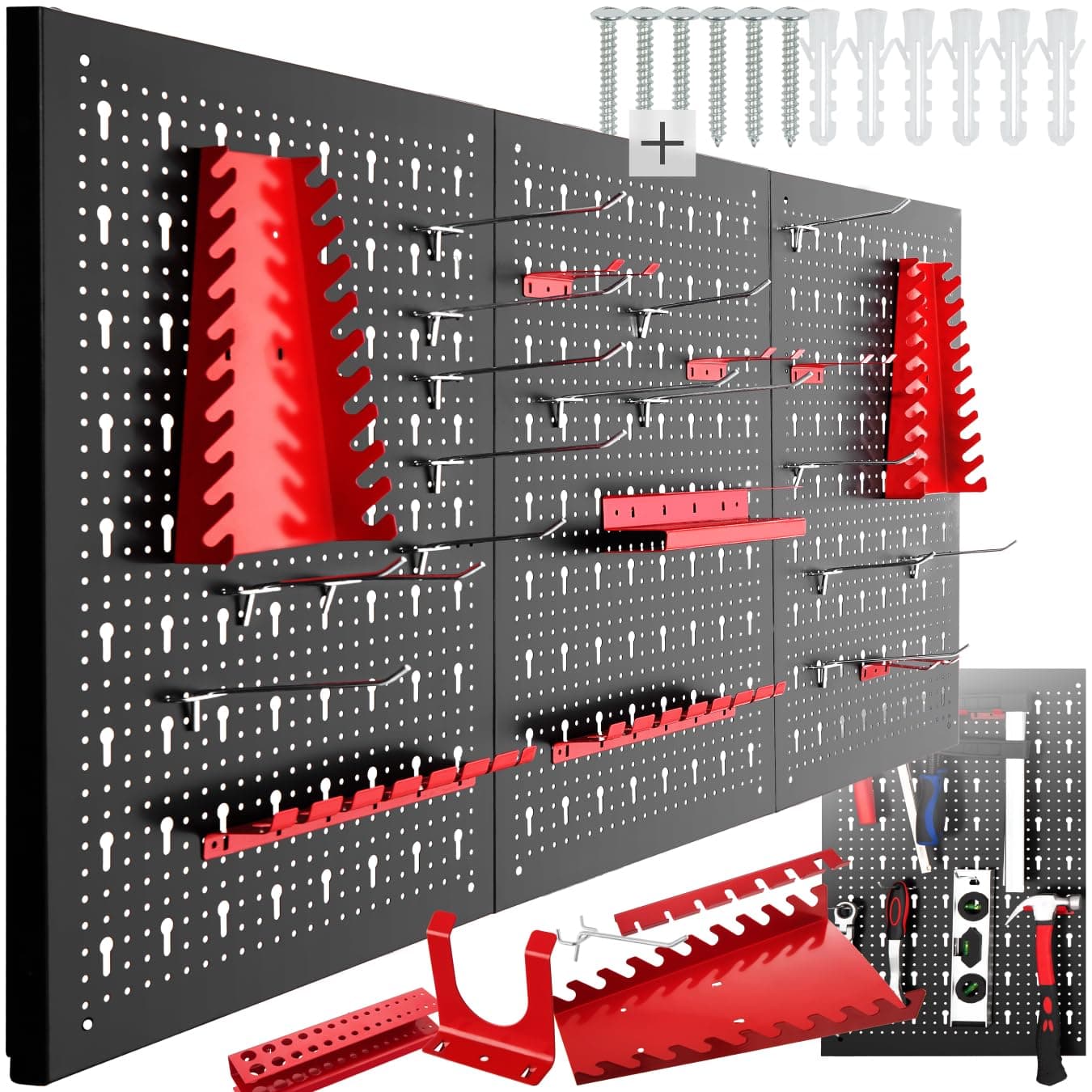 tectake® Werkzeug Lochwand aus Metall, 120 x 60 x 2 cm, Werkzeugwand Lochplatte, inkl. Werkzeughalter Set Haken und Halterungen, Wandregal Regalsystem für Werkbank, Garage, Werkstatteinrichtung - 3tlg