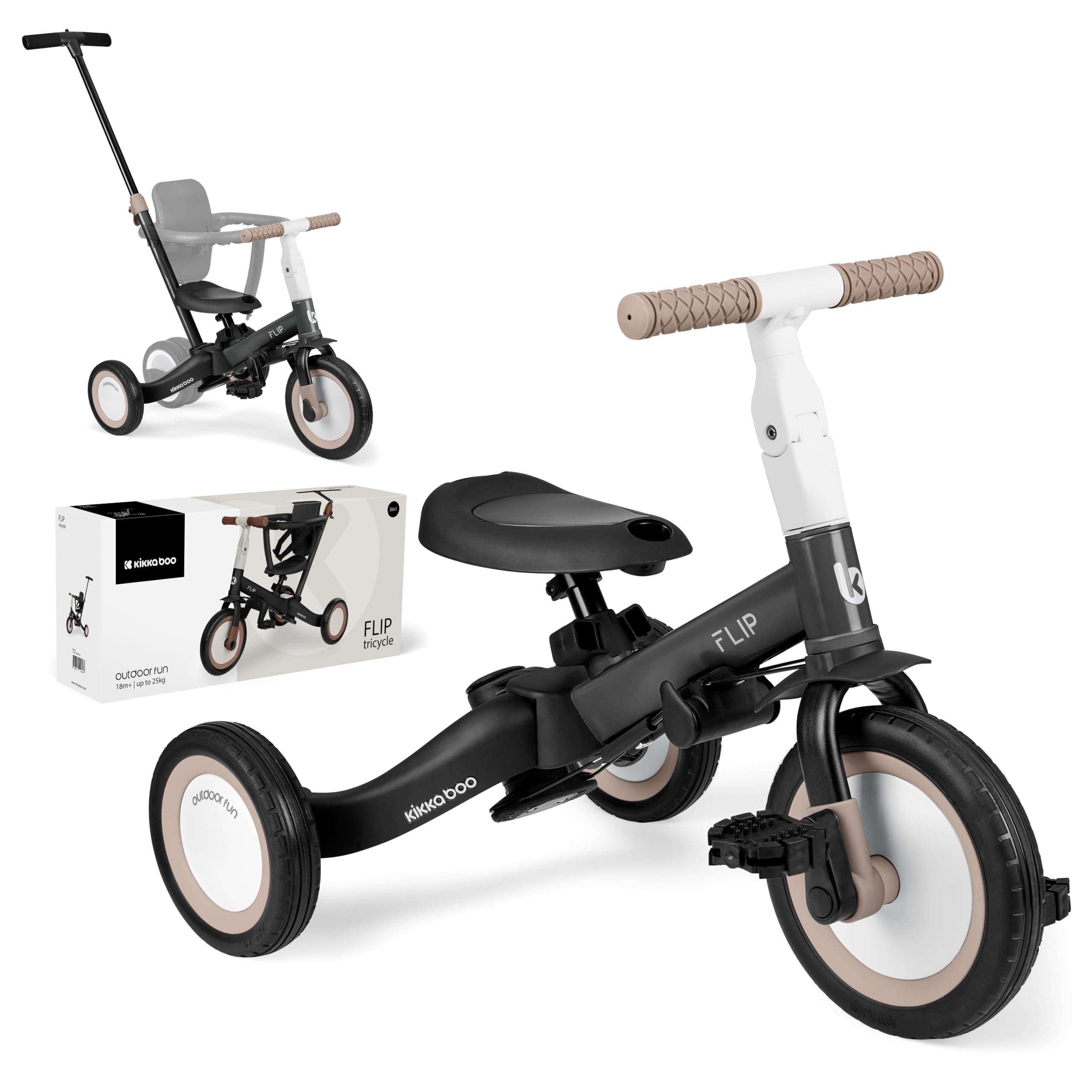 KikkaBoo Triciclo Evolutivo de Bebé 5 en 1 Flip, Bicicleta Niños Desde 1 Año hasta 5 años, Trike, De Triciclo a Bicicleta con o sin Pedales, Ajustable y Transformable, Negro