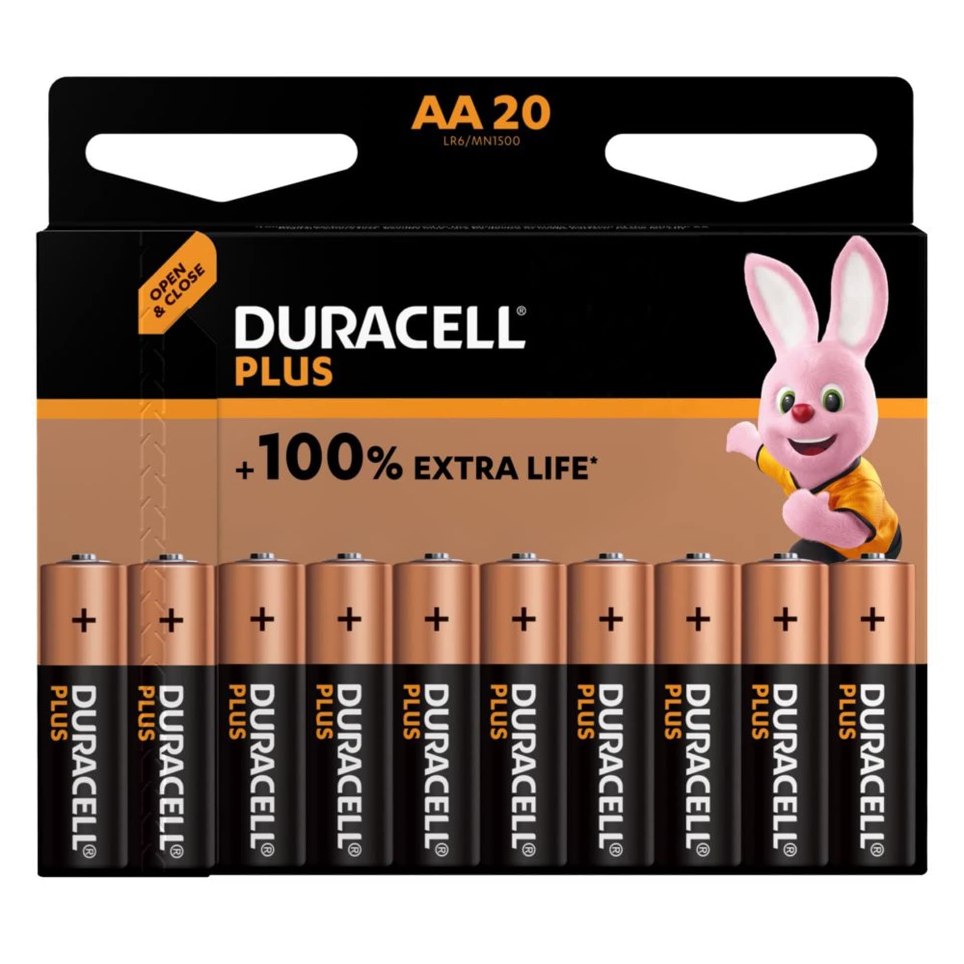 DURACELL Plus Pilas AA (Paquete de 20) – Pilas alcalinas 1,5 V – Hasta un 150 % de duración extra con activos POWER BOOST–Fiabilidad para dispositivos cotidianos–Envase con 0 % de plástico–MN1500