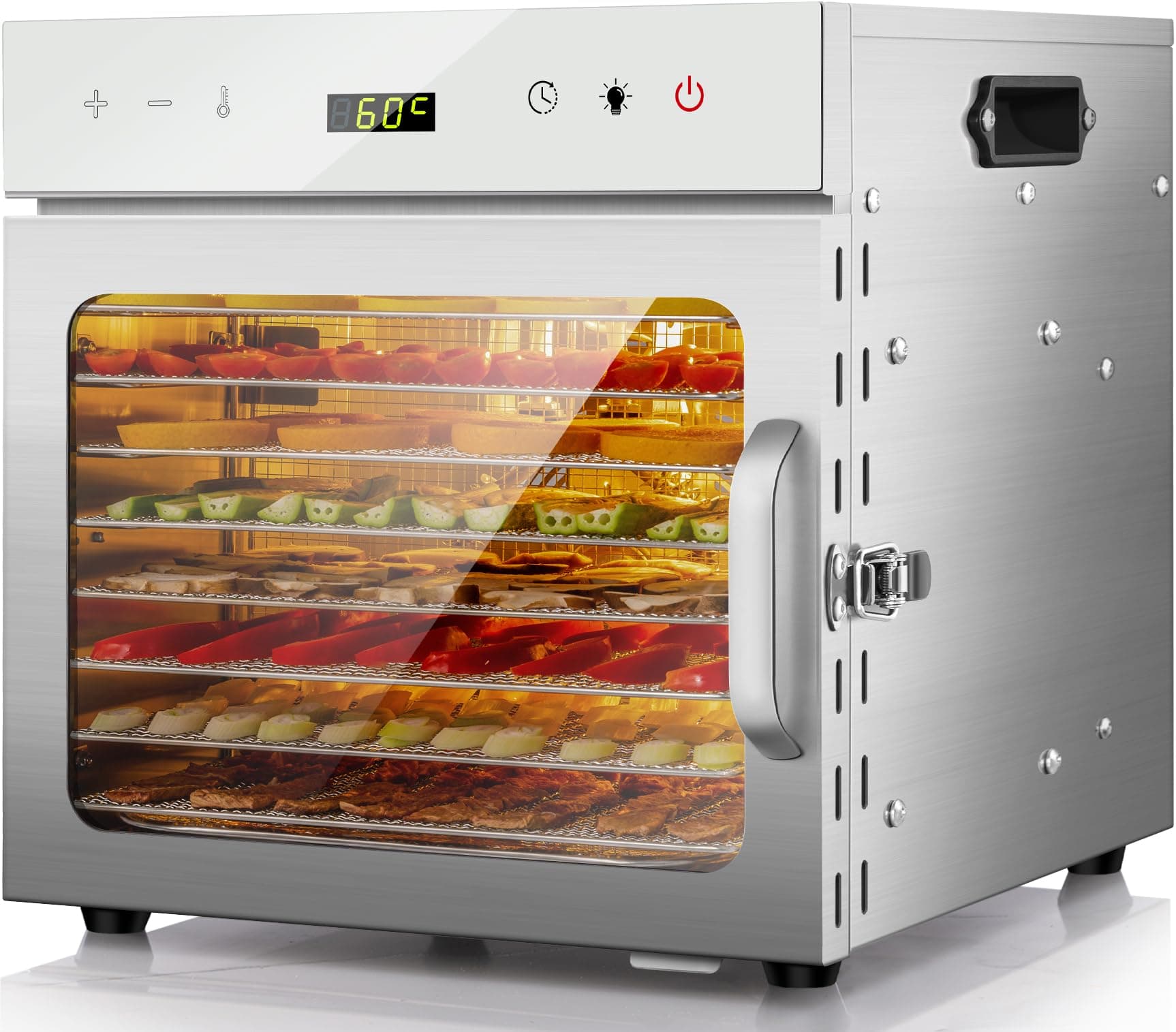 Kwasyo Essiccatore Alimentare Professionale in Acciaio Inox, 8 Vassi, 67 Ricette,di Temperatura da 30 a 90℃, Funzione Timer fino a 24 ore, Senza BPA, Disidratatore per Frutta, Carne, Verdure, Erbe