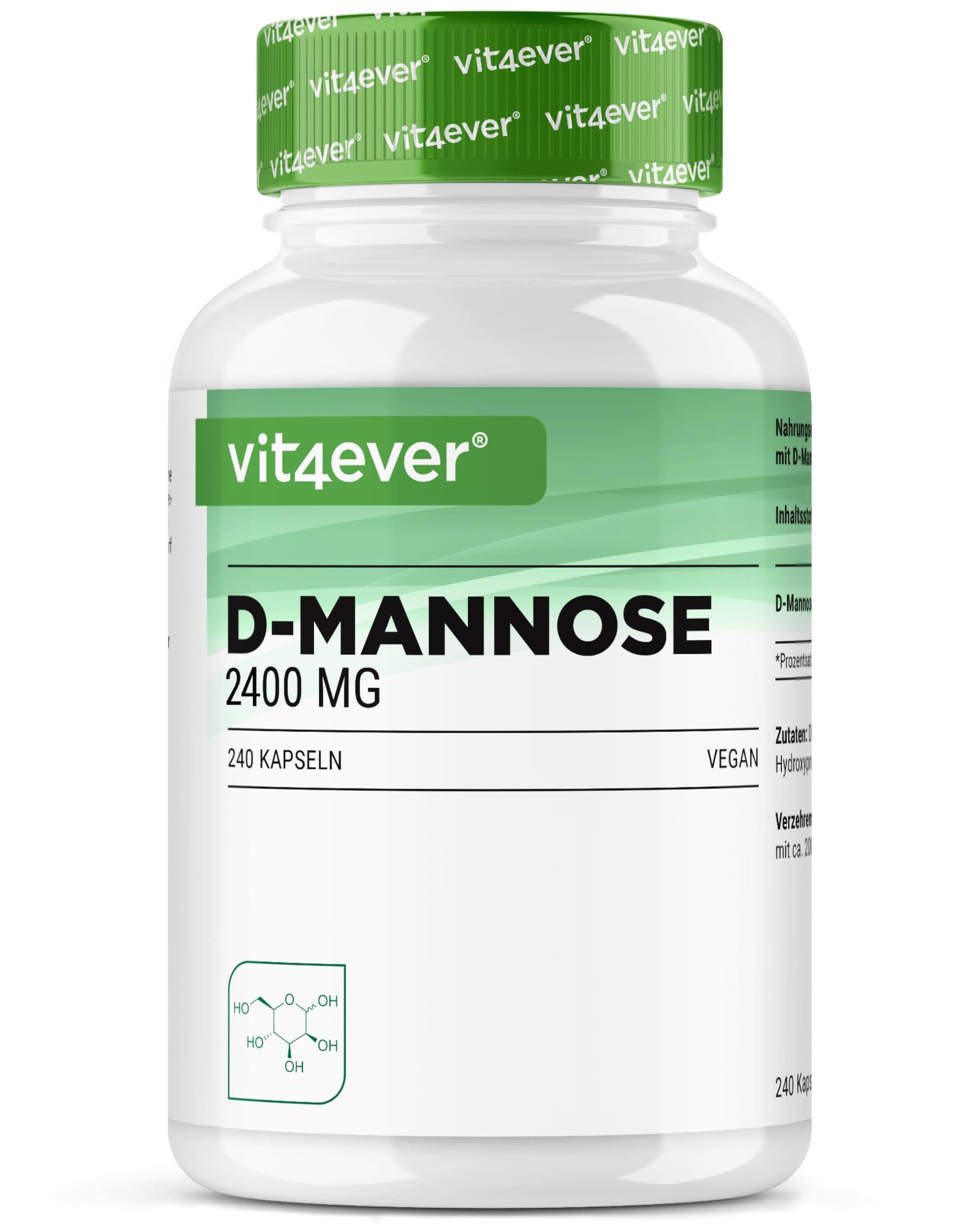 vit4ever D-Mannose - 240 Kapseln - 2400 mg D-Mannose pro Tagesdosis - Aus pflanzlicher Fermentation - Vegan, optimal dosiert, ohne unnötige Zusätze