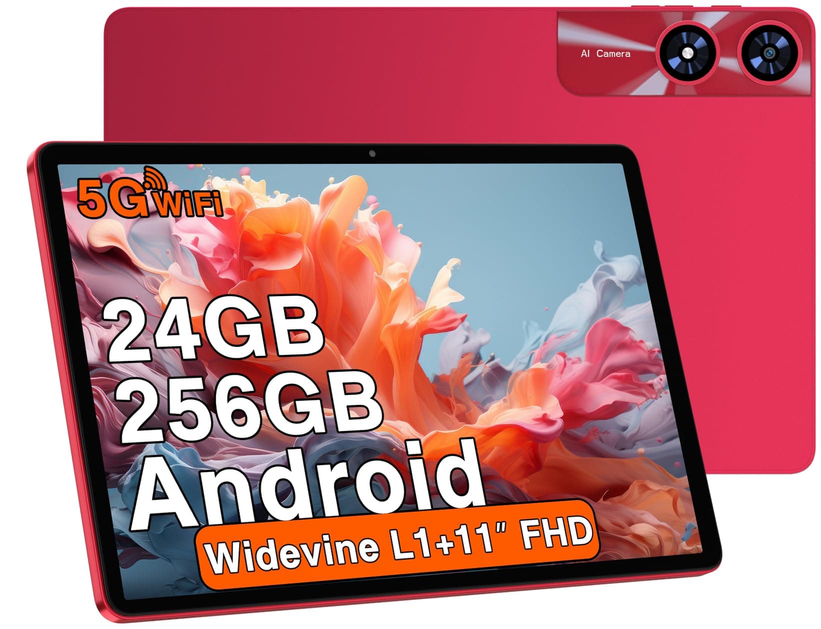 2026 Tablette 11 Pouces Android 24Go RAM+256Go ROM(2 To TF),Octa-Core 2.0Ghz, 8000mAh, 5G WiFi, Widevine L1, 2K Écran GMS 5MP+13MP, Bluetooth 5.0, FHD 1280 * 800,Tablette Tactile de jeu avec Cas-Rouge