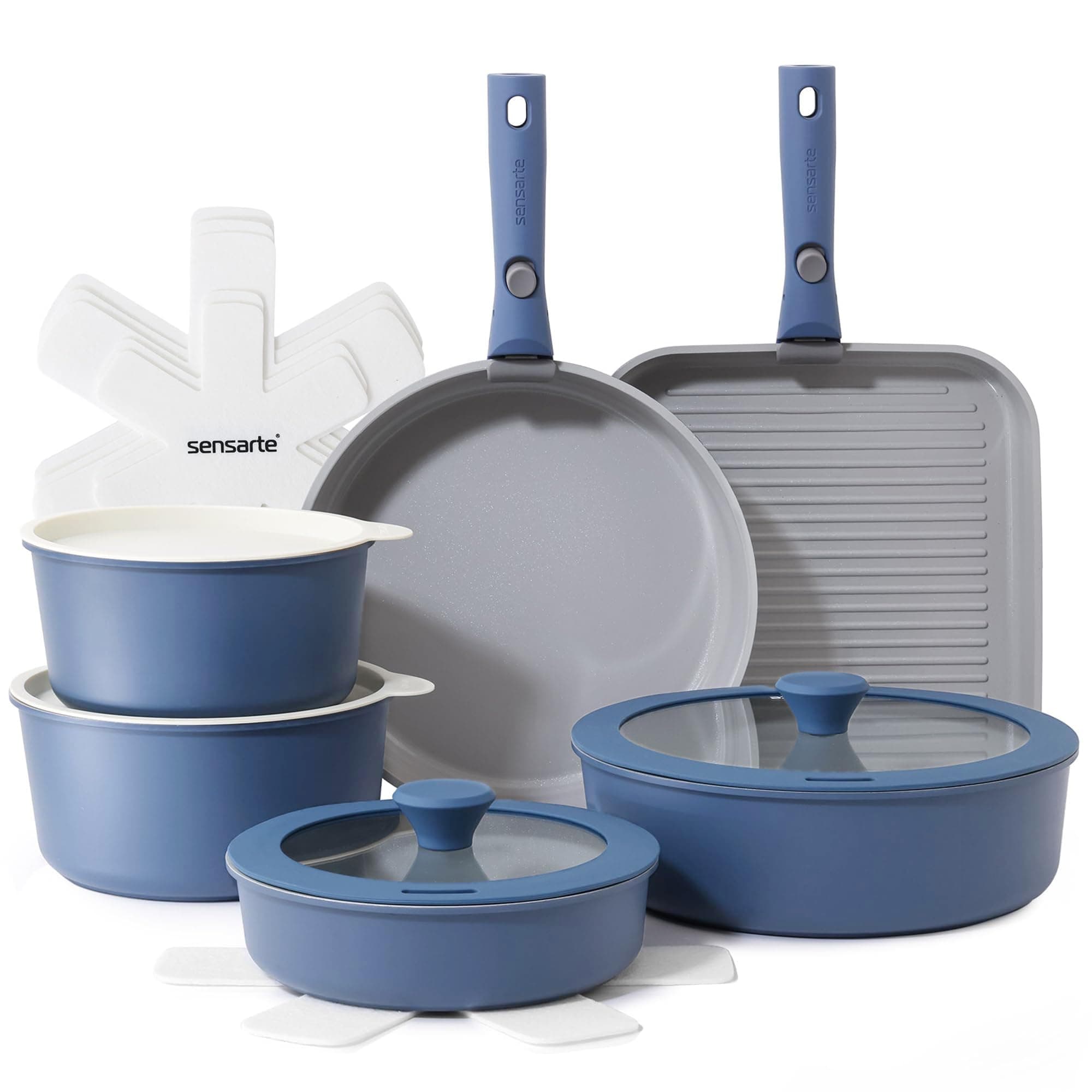 SENSARTE Set di Pentole 17 Pezzi con Manici Rimovibili, Antiaderente in Ceramica, Compatibile con Induzione e Gas, Include Padelle, Casseruole e Grill, Impilabile e Lavabile in Lavastoviglie
