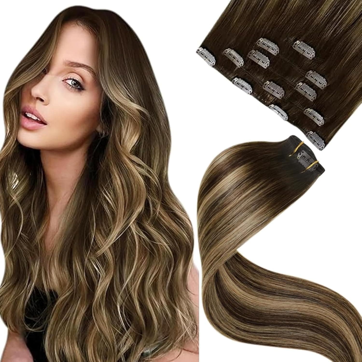 LaaVoo Extension Capelli Veri Clip Balayage Marrone Scuro Mix Biondo Caramello Extension con Clip Remy Naturali Liscio Extension Clip Capelli Umani 35 cm 80g 5pcs #4/27/4