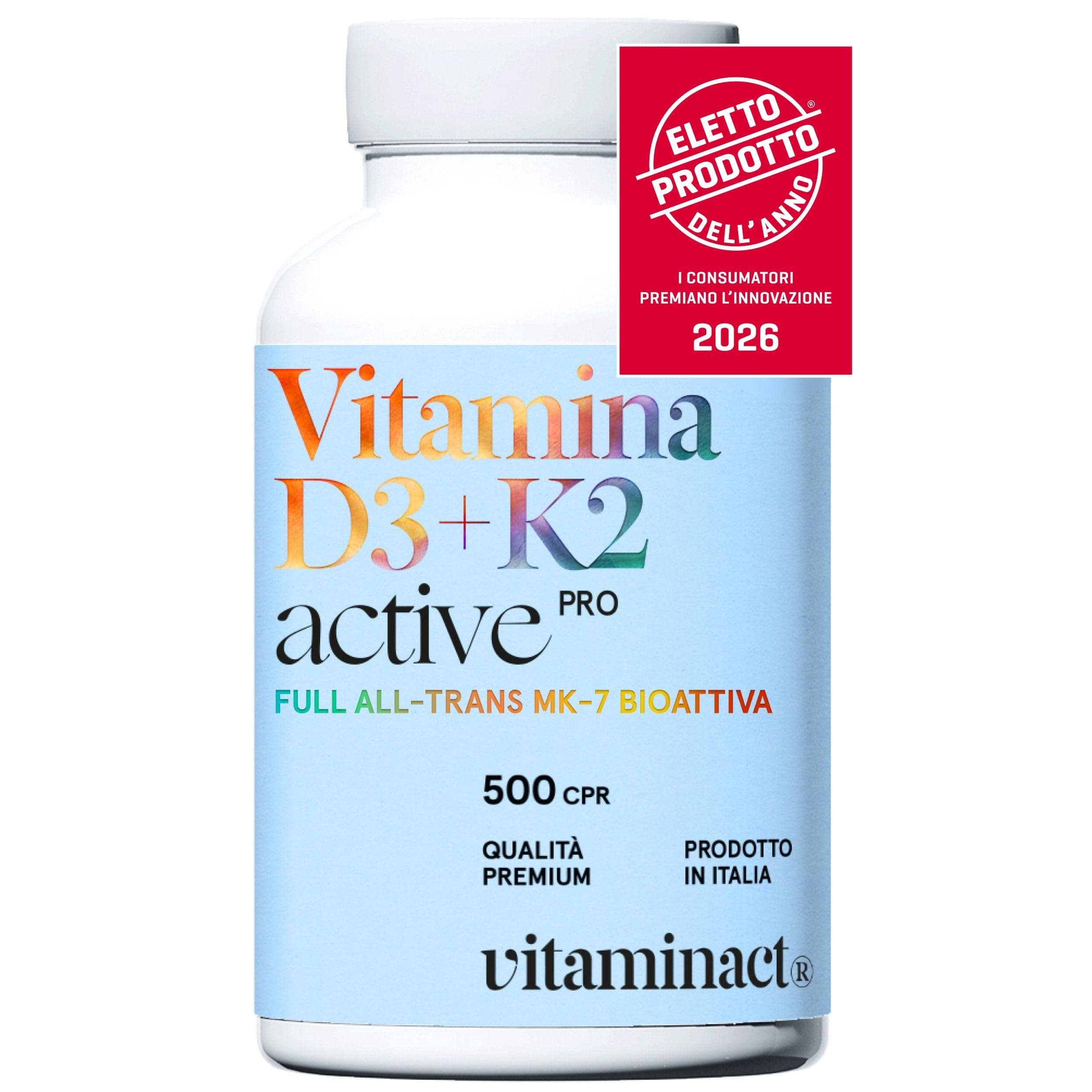 Vitamina D3 K2 (Dura 1 anno e 4 mesi) 500 Microcompresse – ELETTO PRODOTTO DELL’ANNO 2026 - Senza Biossido di Silice, Vitamina D3 2000 UI a Compressa – Vit. K2 MK 7 - Massimo Dosaggio di Vitamine.