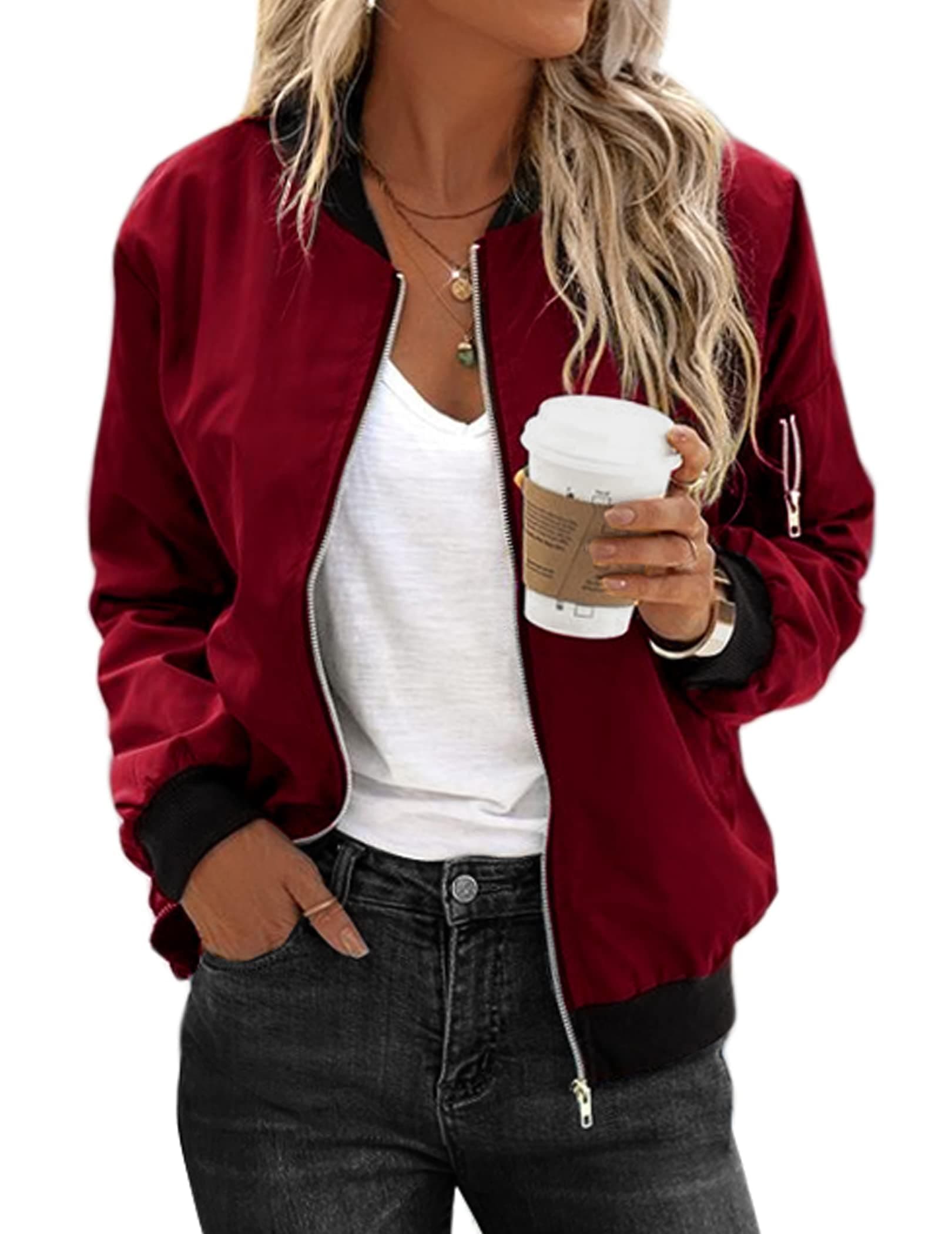 Zeagoo Chaqueta Bomber para Mujer Corto Blouson Casual Piloto Manga Larga Abrigo Ligero Cremallera Sólido Sudadera