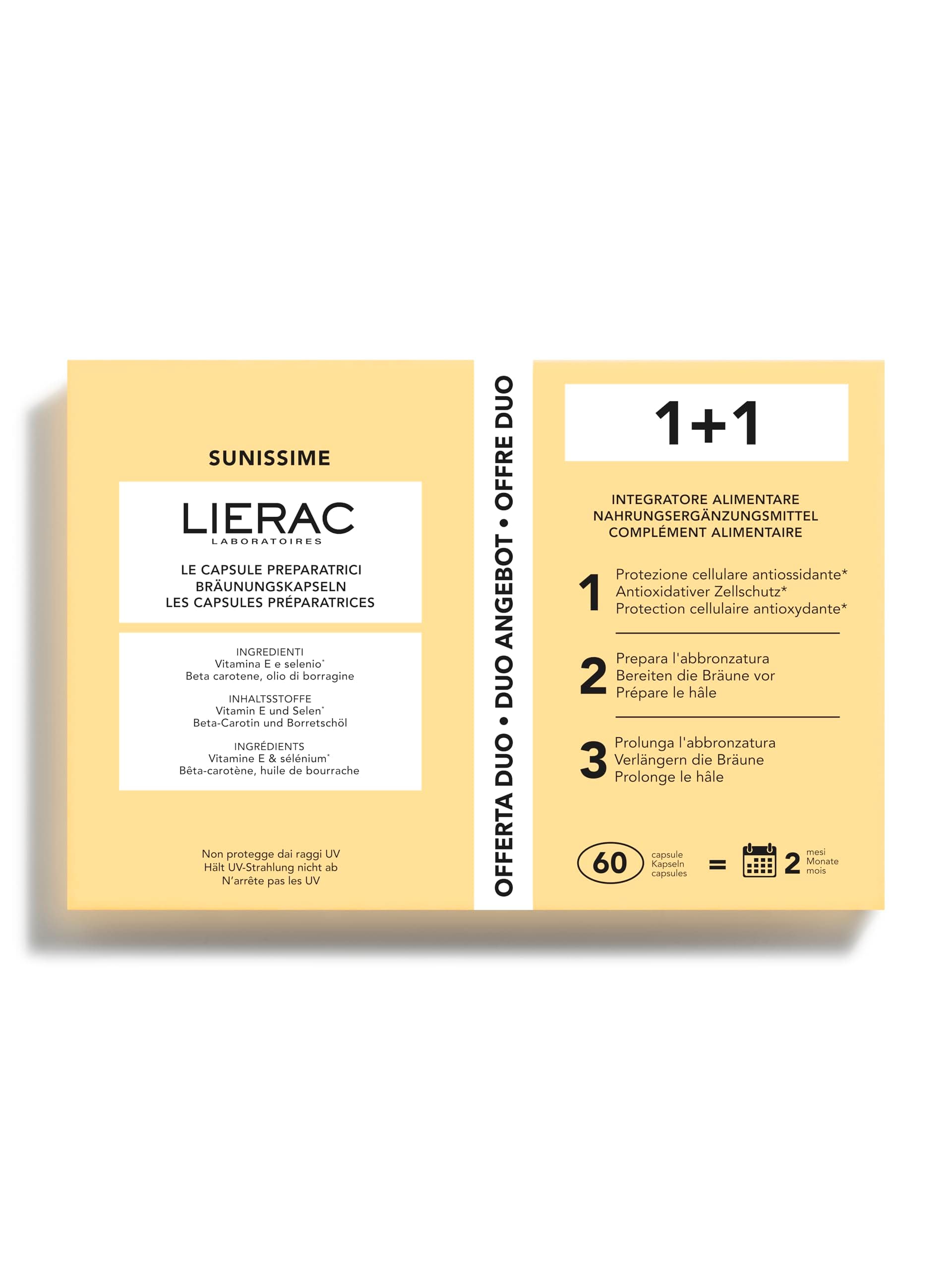 Lierac Sunissime Le Capsule Preparatrici, Integratore Alimentare che Prepara la Pelle al Sole, Sublima e Prolunga l'abbronzatura, Formato da 60 capsule