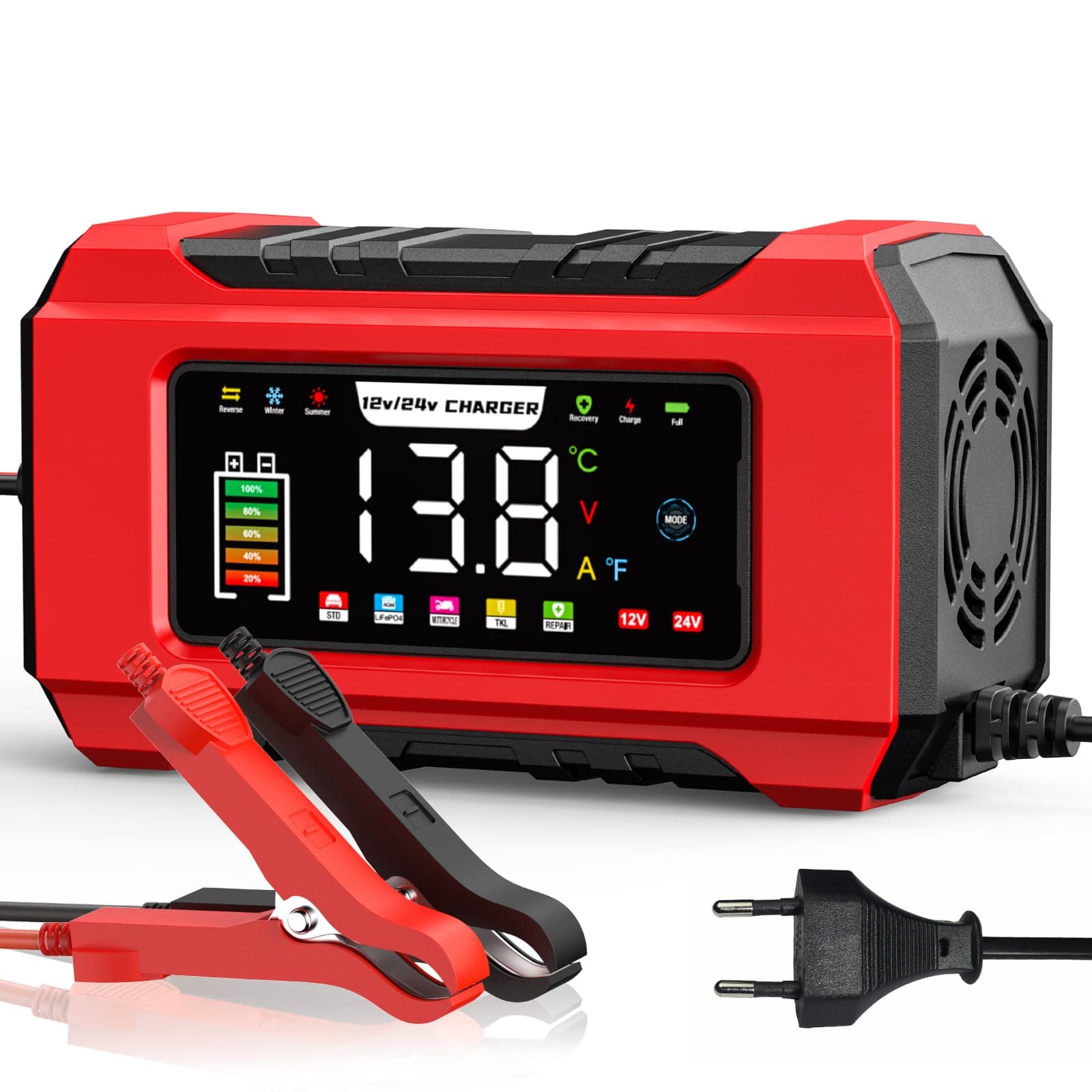 Husgw 12V15A 24V8A Cargador de Batería para Coche,Inteligente de Batería Automática Completa con Compensación de Temperatura,Protección de Seguridad Múltiple,para Auto,Moto,AGM,Gel,Wet,SLA,LiFePO4