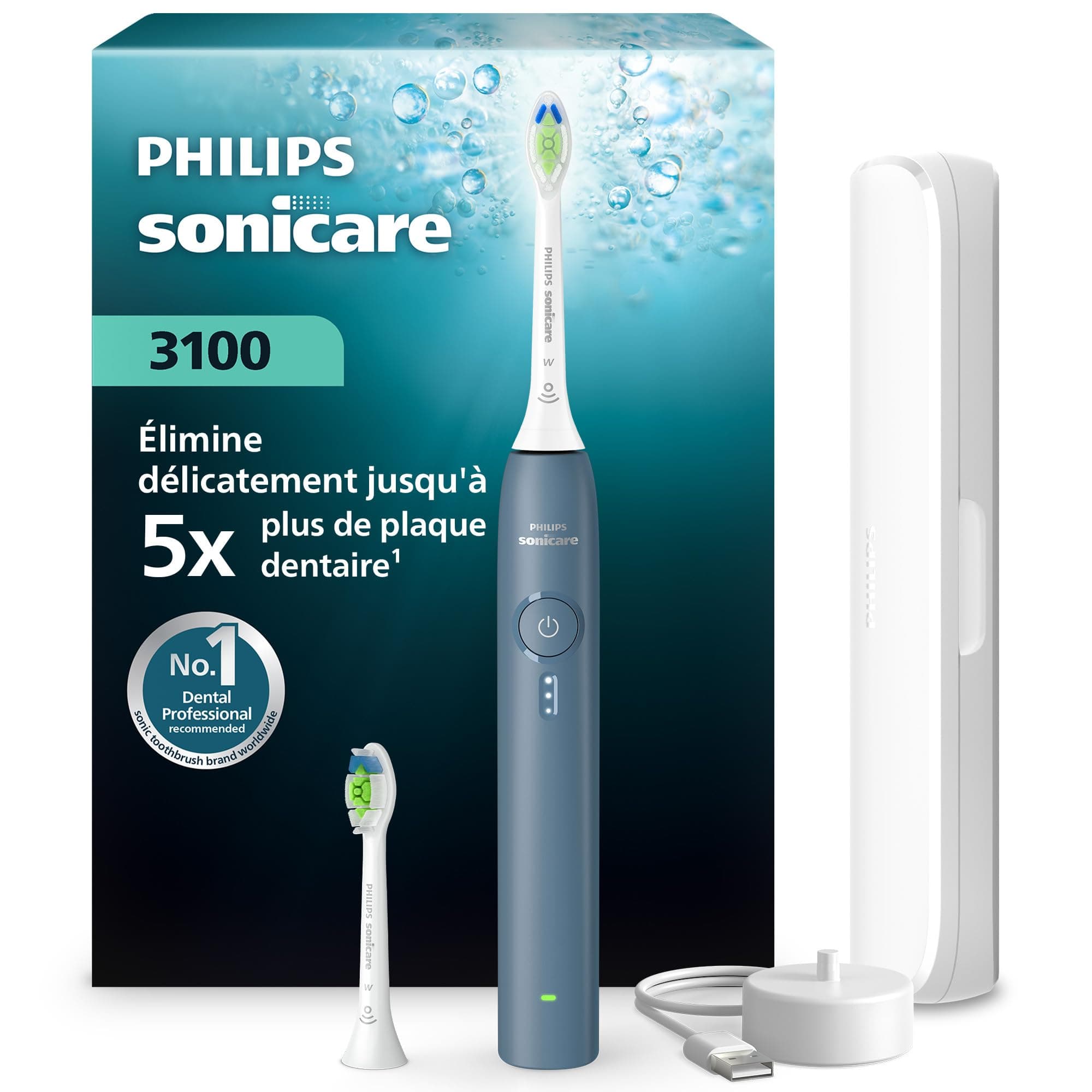 Brosse à dents électrique Philips Sonicare série 3100 – capteur de pression, 3 intensités, EasyStart, SmarTimer, 14 jours d’autonomie, étui de voyage, coloris bleu marine, HX4034/24, [Nouveau]