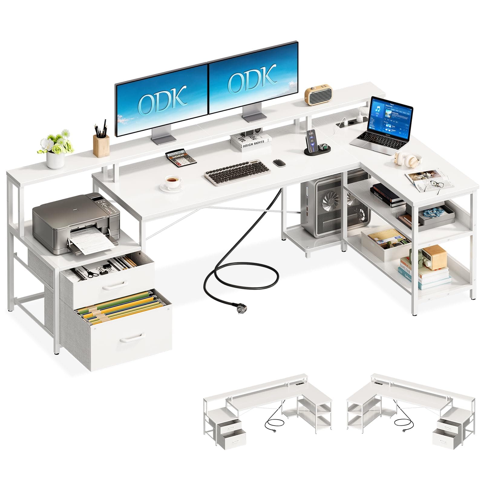 ODK Escritorio con Cajones, 189.3×100cm Escritorio Esquinero Reversible Grande con Estanteria, Mesa Gaming Escritorio en L con Puerto USB y Toma de Corriente para la Oficina en Casa, Blanco