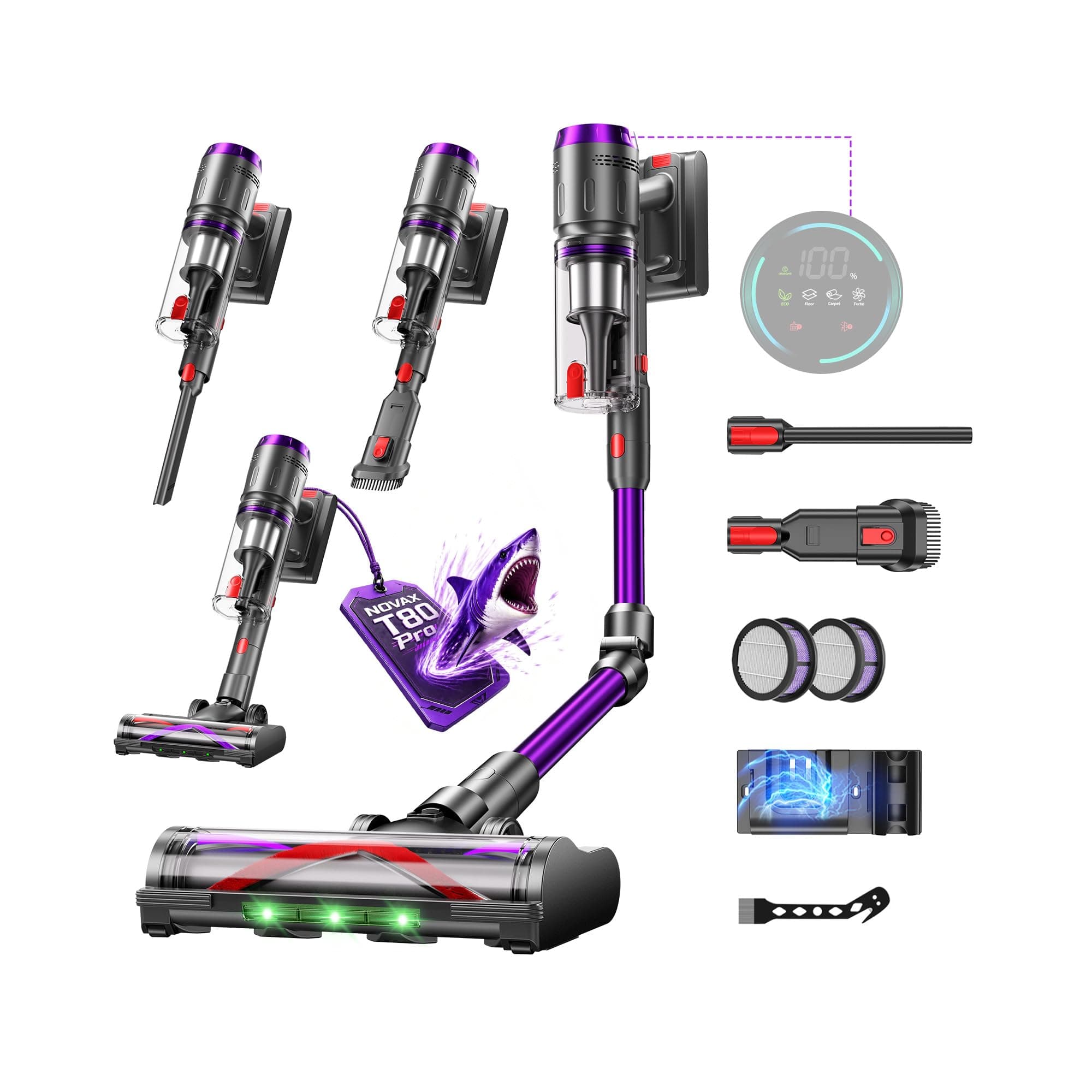 Circlio Aspirateur Balai sans Fil 600W/58000Pa/75min, Aspirateur sans Fil Puissant avec Écran LED Intelligent, Brosse Anti-emmêlement, Station de Charge, pour Tapis, Sols Durs, Poils d'animaux