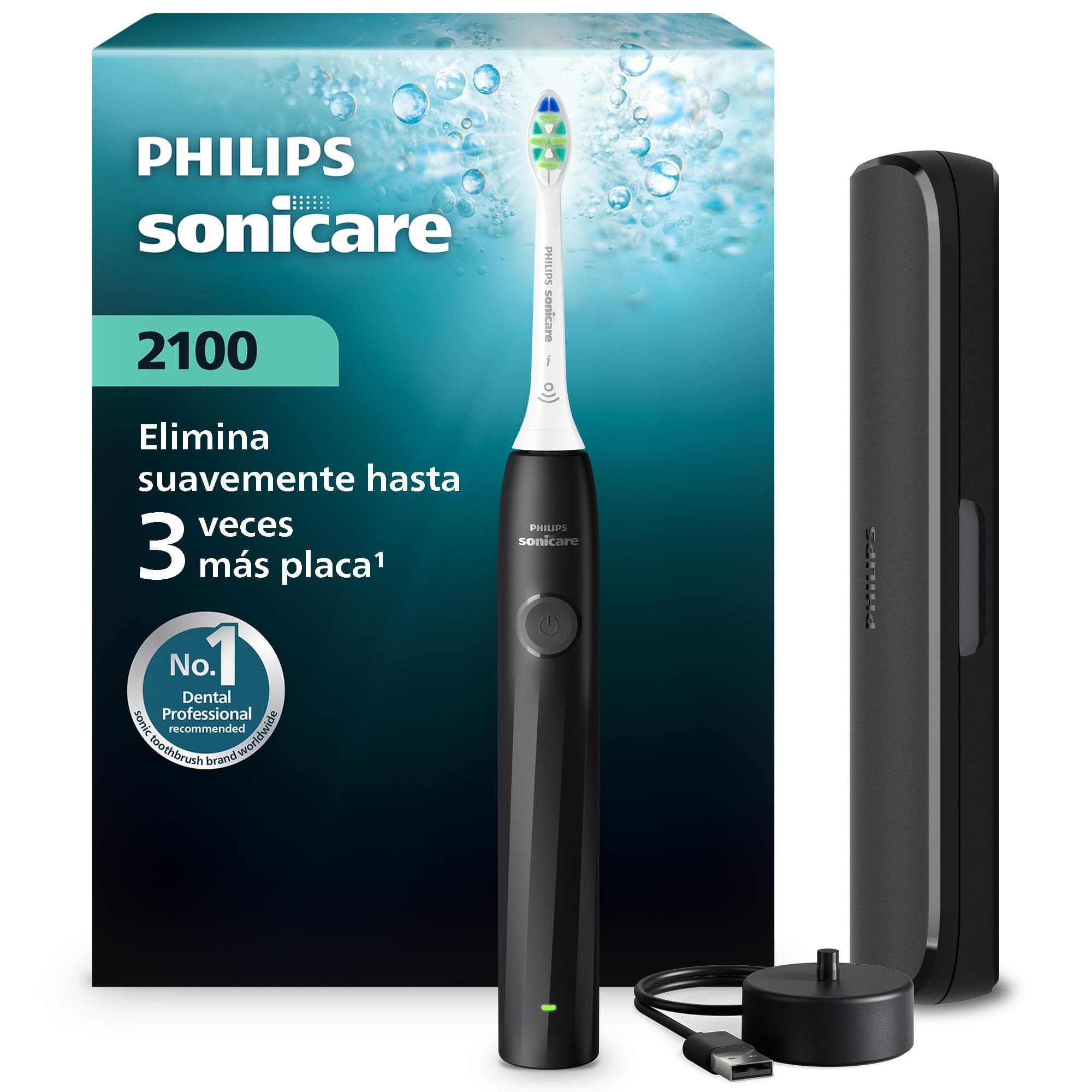 Cepillo eléctrico Philips Sonicare Serie 2100 - Cepillo dental sónico con 2 niveles de intensidad, función EasyStart, SmarTimer, autonomía de 14 días, estuche de viaje, negro, HX4023/02, [Nuevo]