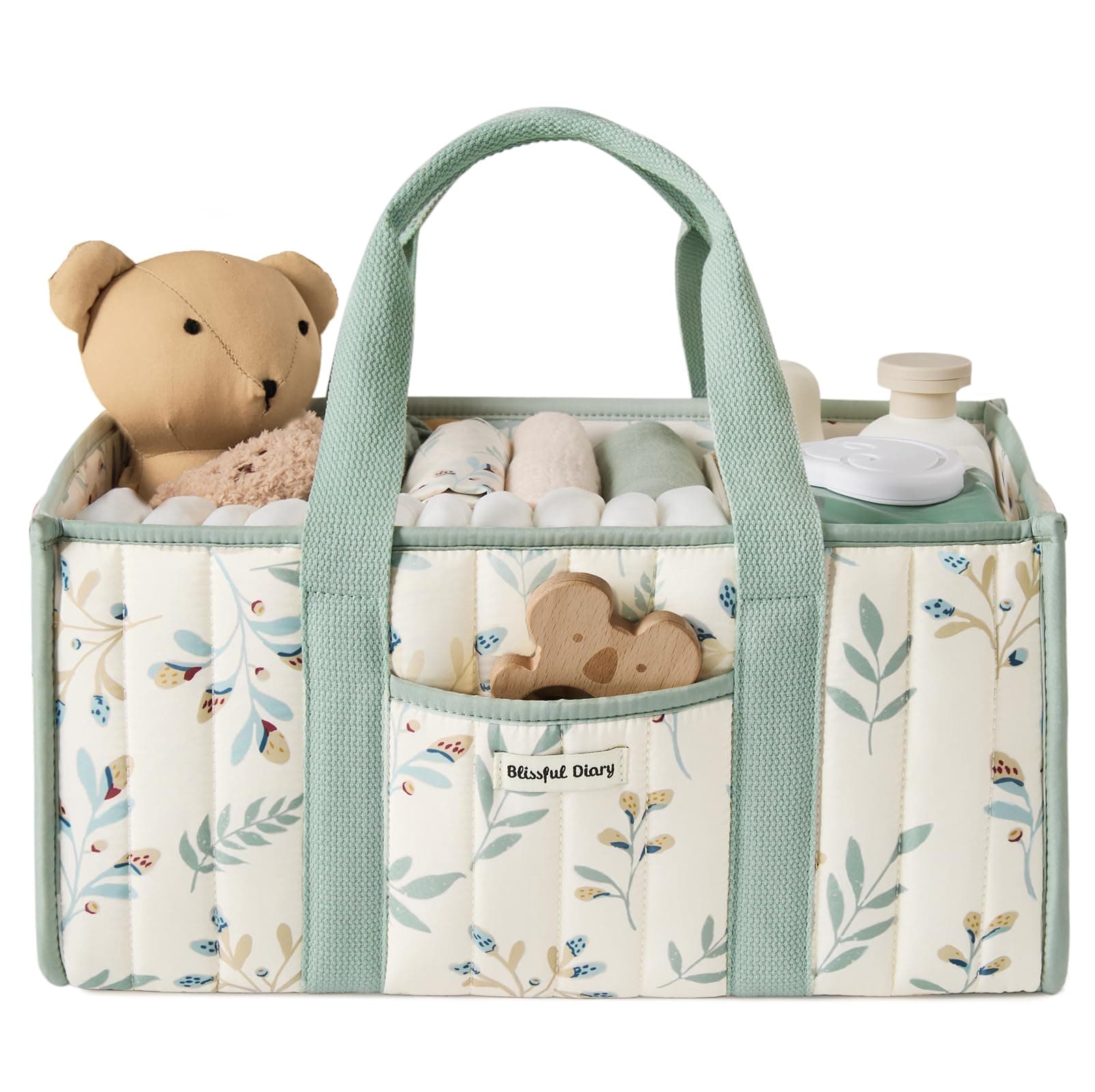 Blissful Diary Panier Rangement Bébé, Organiseur de couches pour Table à Langer, panier de rangement pour couches et lingettes pour bébé, cadeau pour fête prénatale,Feuille de Sauge