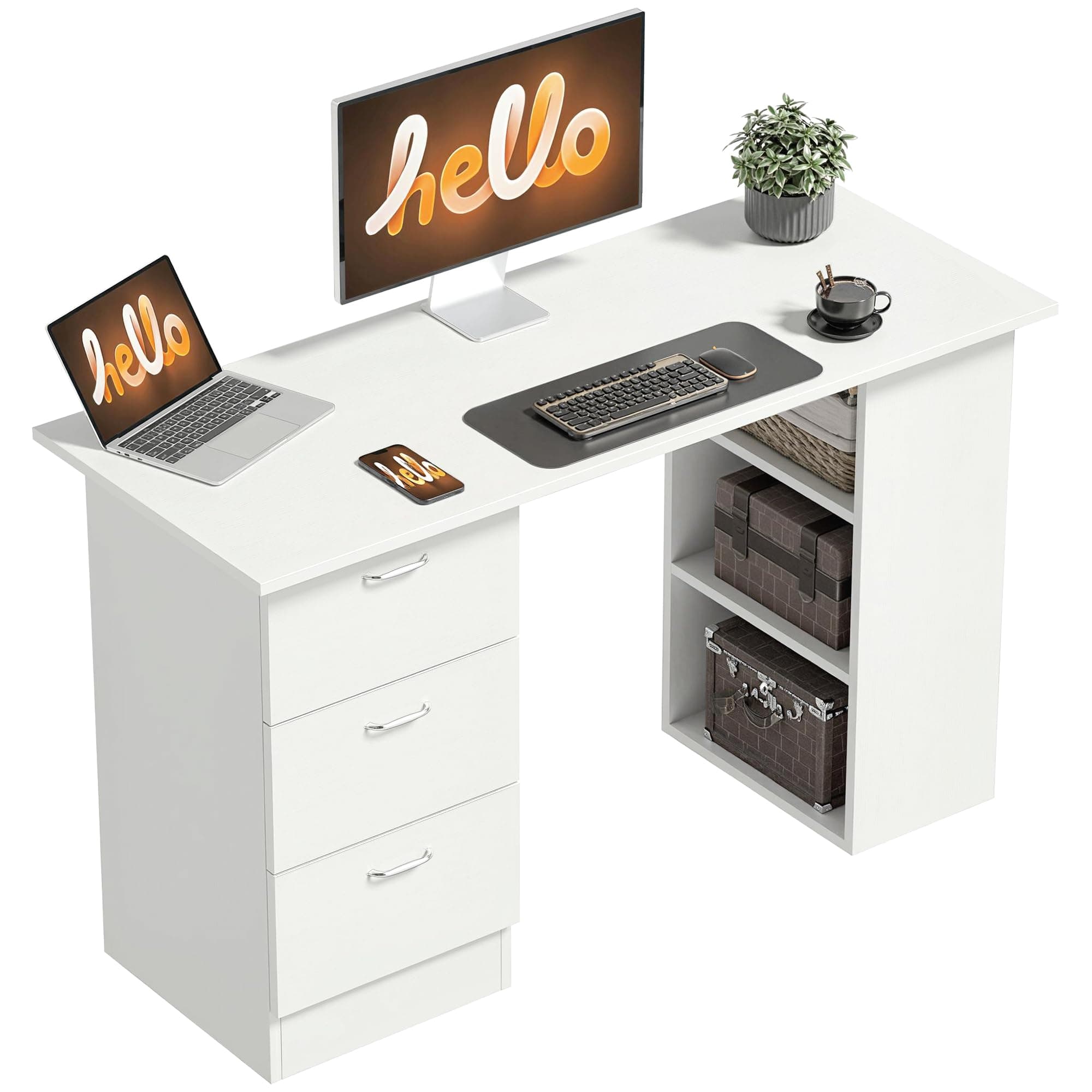 HOMCOM Bureau d'ordinateur avec 3 tiroirs et 3 étagères Ouvertes, 120x49x72cm, Bureau avec Rangement réversible, Style Moderne, Table Informatique pour Chambre, Petit Espace, télétravail, Blanc