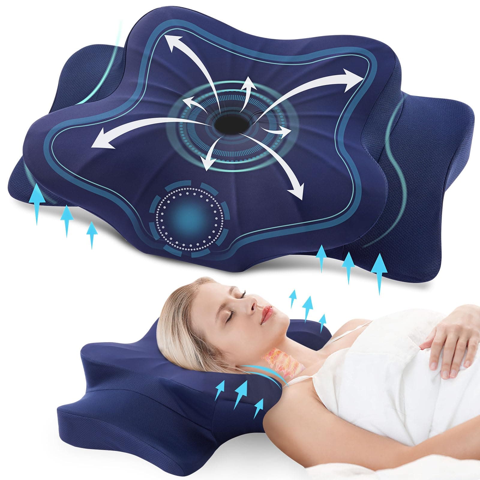 DONAMA Cuscino Cervicale Memory Foam Ergonomico 2 Altezze Rinfrescante | Cuscino ergonomico 63×38×14 cm, traspirante, federa lavabile, per tutte le posizioni