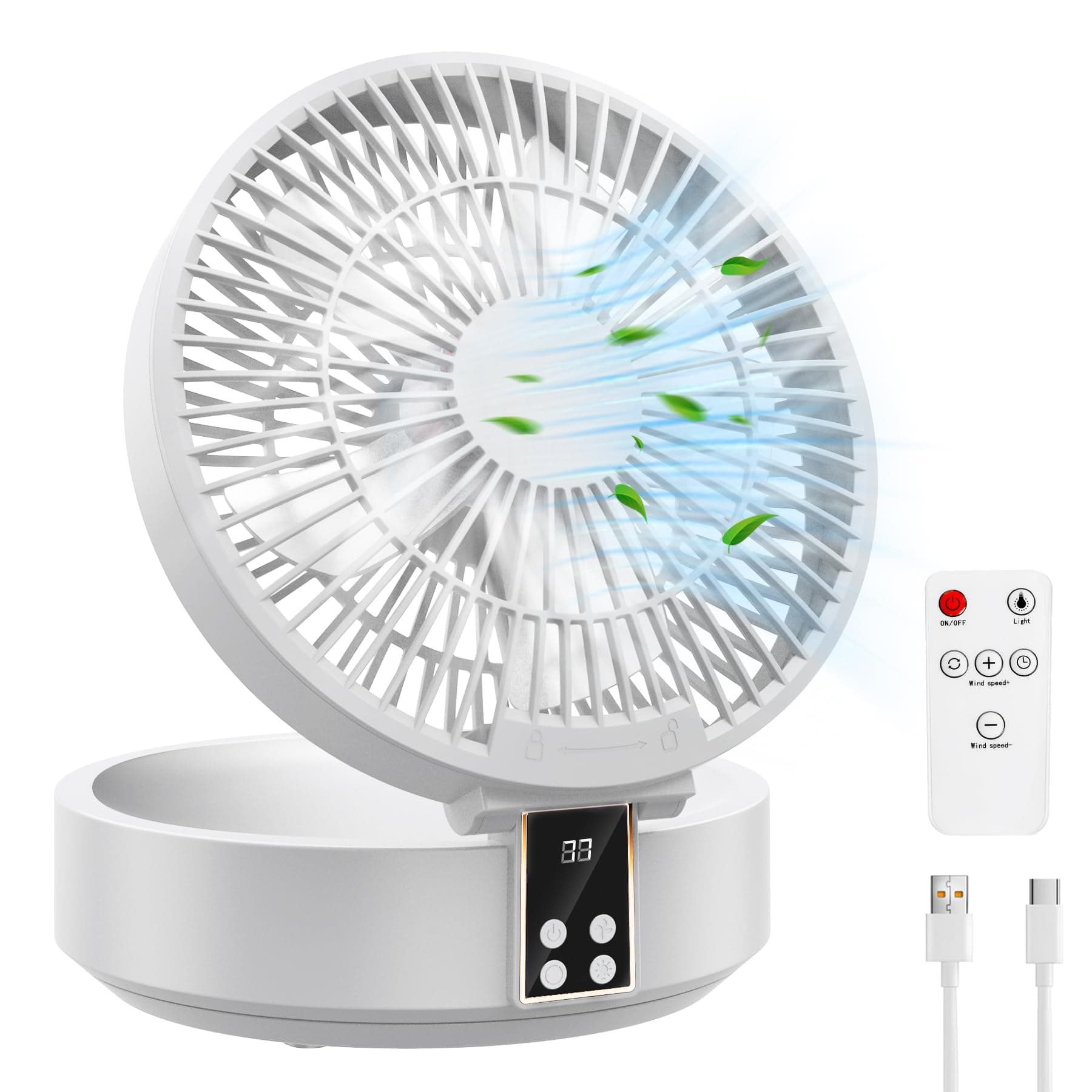 Petit ventilateur USB silencieux de table très silencieux et puissant - Batterie portable avec lumière LED - Télécommande - Minuterie - Rotation - 3 vitesses - Pour bureau, camping