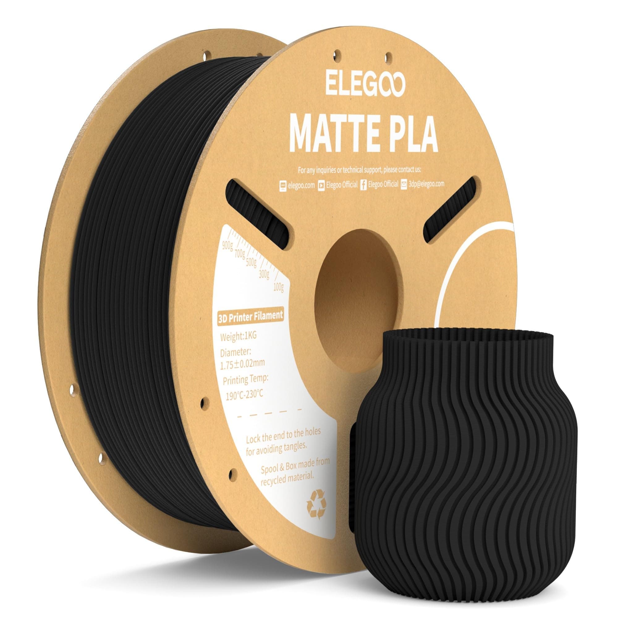 ELEGOO Filamento PLA MATE 1.75 1KG Negro, Filamento para Impresora 3D, Precisión Dimensional +/- 0.02mm, Carrete Filamento 3D,para Mayoría Impresoras 3D