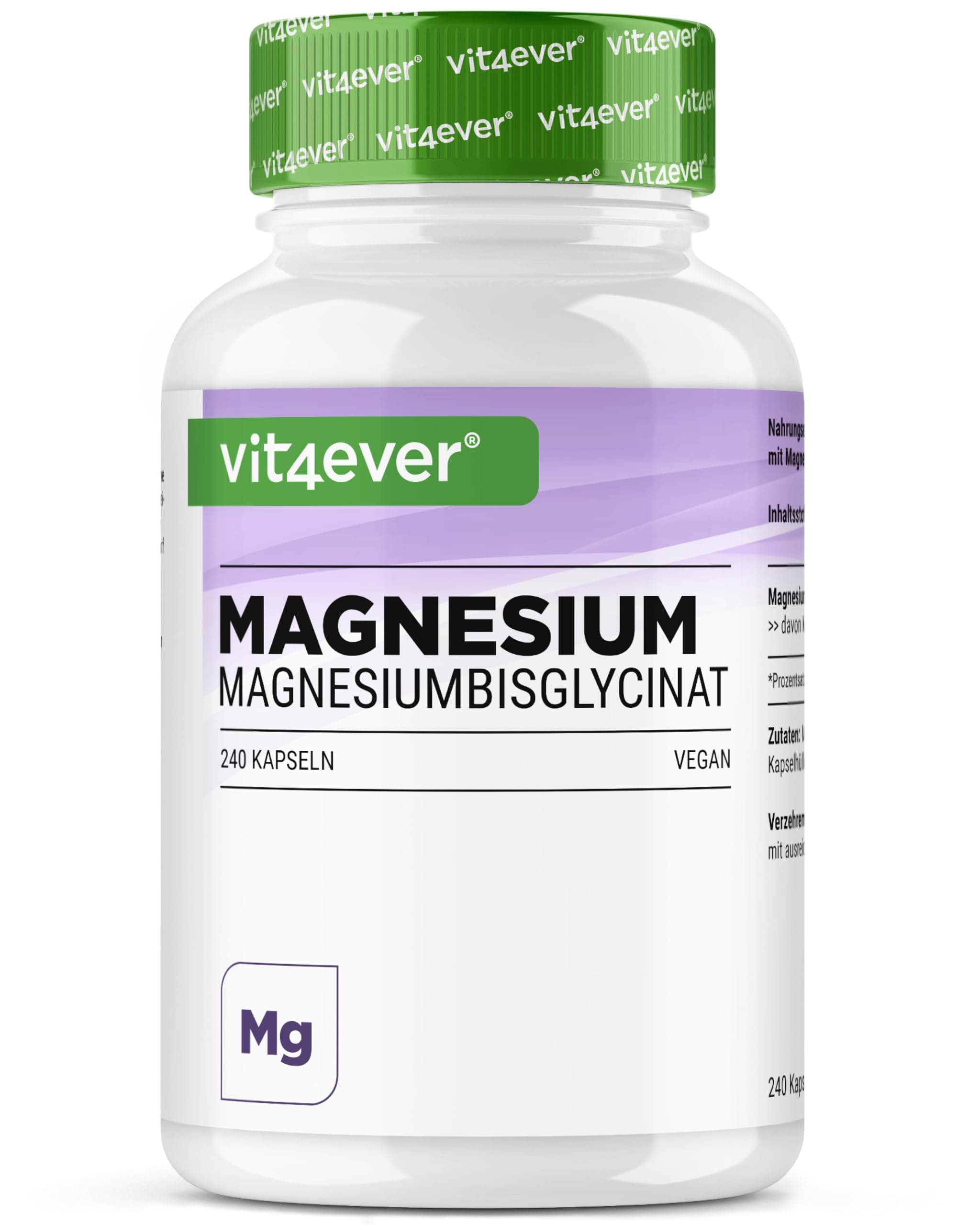 vit4ever Magnesiumbisglycinat - 240 Kapseln - 300mg elementares Magnesium pro Tagesdosis - Premium: Chelatiertes Magnesium - Laborgeprüft, vegan, hochdosiert