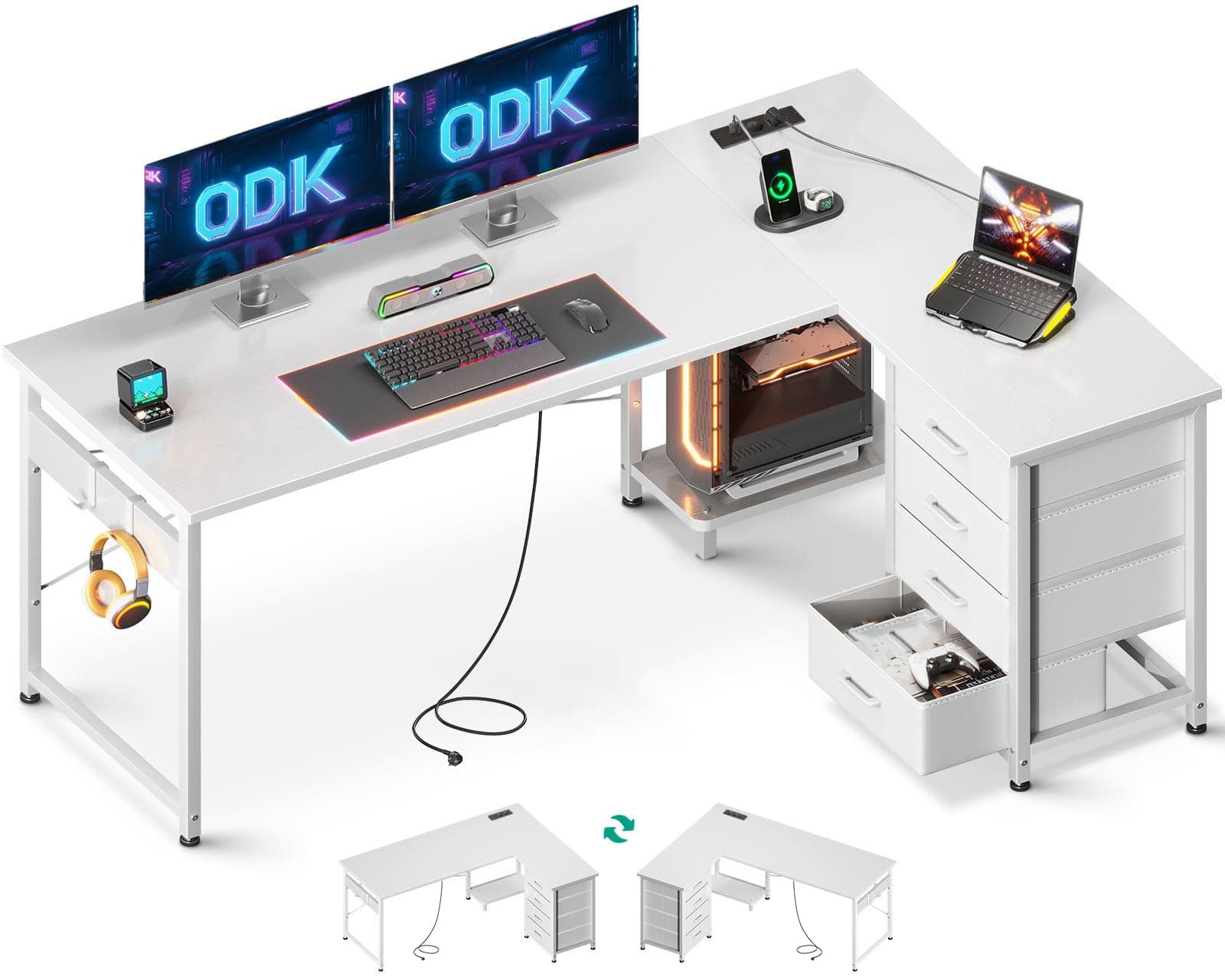 ODK Scrivania Angolare con Cassetti, 155×110 cm Scrivania ad Angolo Reversibile con Prese di Corrente e Porta USB, Scrivania Salvaspazio a L con Spazio di Archiviazione per Ufficio, Bianco