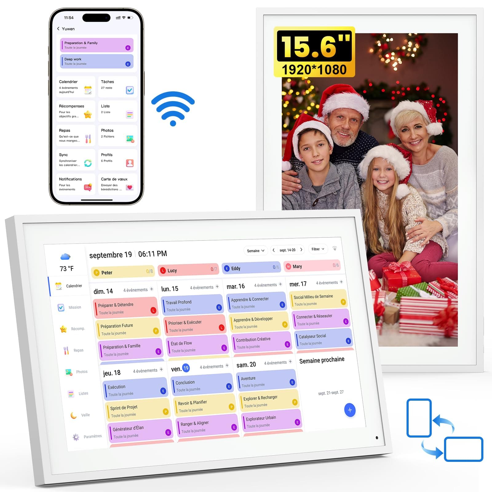 NEWYES 2026 Calendrier Numérique Mural 15,6" - Tableau Organisation Famille & Cadre Photo Numérique Wi-Fi Sync Écran Tactile Intelligent pour Semainier Enfant, Planificateur Menus, Rappels de Tâches