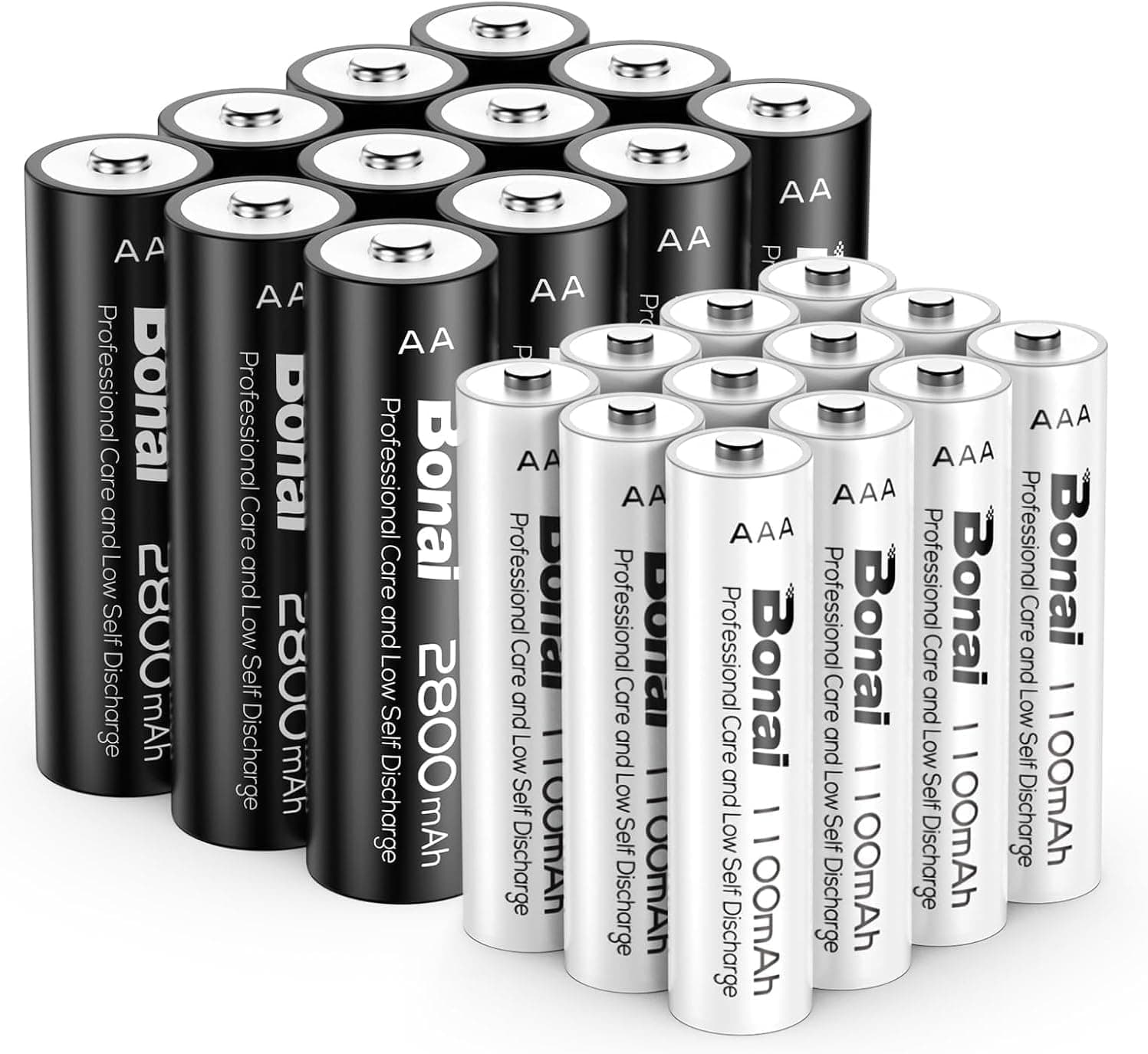 BONAI 24 Pile Ricaricabili Ni-MH Kit Famiglia con 12 AA e 12 AAA Alta Capacità 1.2V 1200 Cicli di Ricarica per Telecomandi Fotocamere Giocattoli e Luci Solari Precaricate