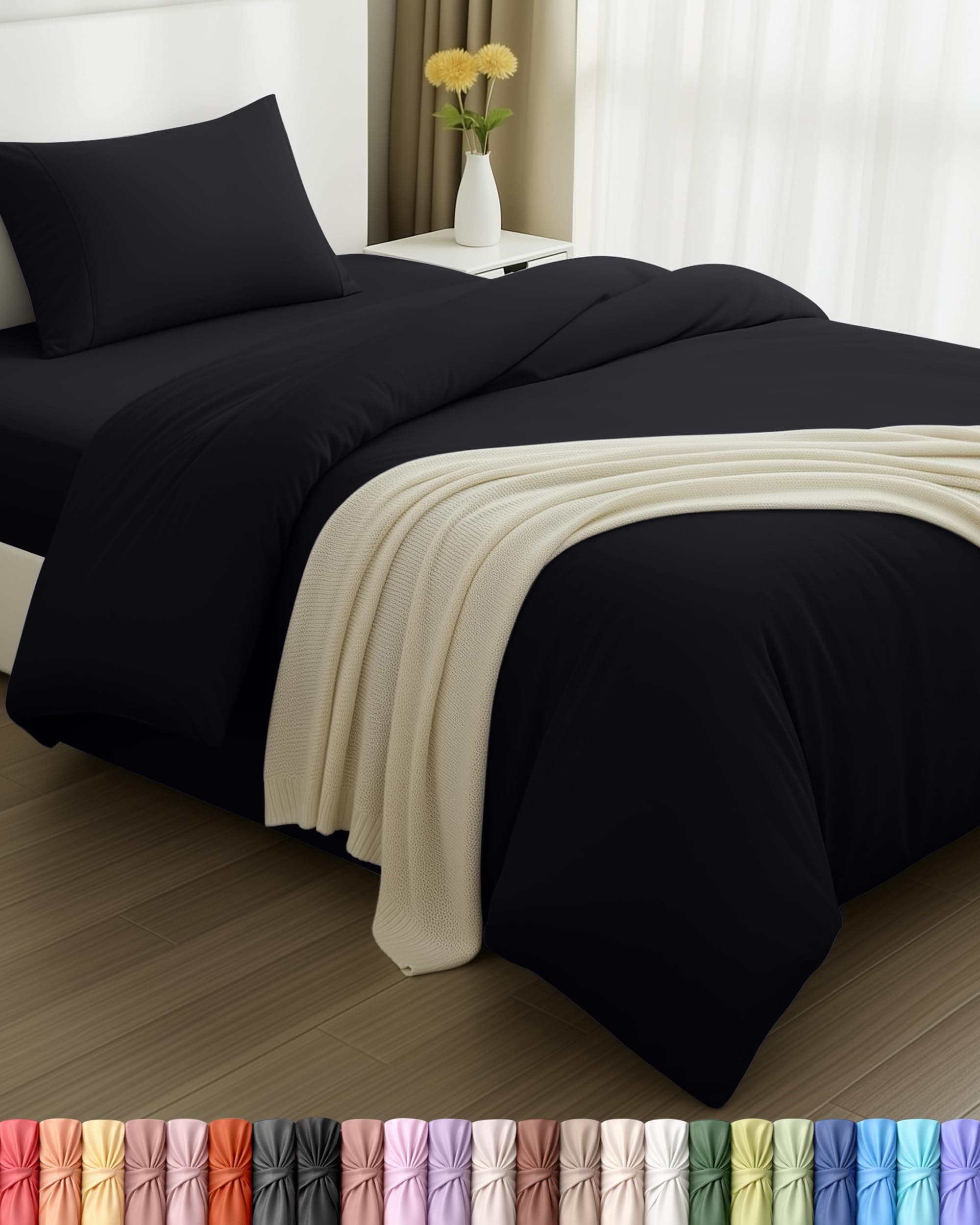Utopia Bedding - Housse de Couette 135x200cm, Drap Housse 90x190cm et Taie d'oreiller 50x75cm - Microfibre brossée Polyester Douce (Noir)