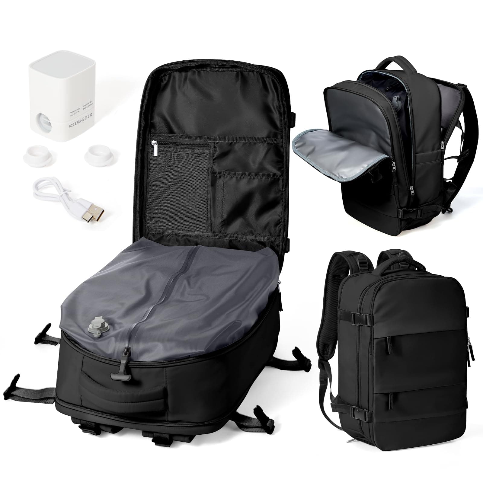 WEPOET Sac a Dos Sous Vide Voyage Avec Pompe Sac Airbag Travel Sac a Dos Voyage Cabine Avion 40x30x20 Easyjet Imperméable Vacuum Backpack Homme Femme Port USB Avec Compartiment à Chaussures(Noir)