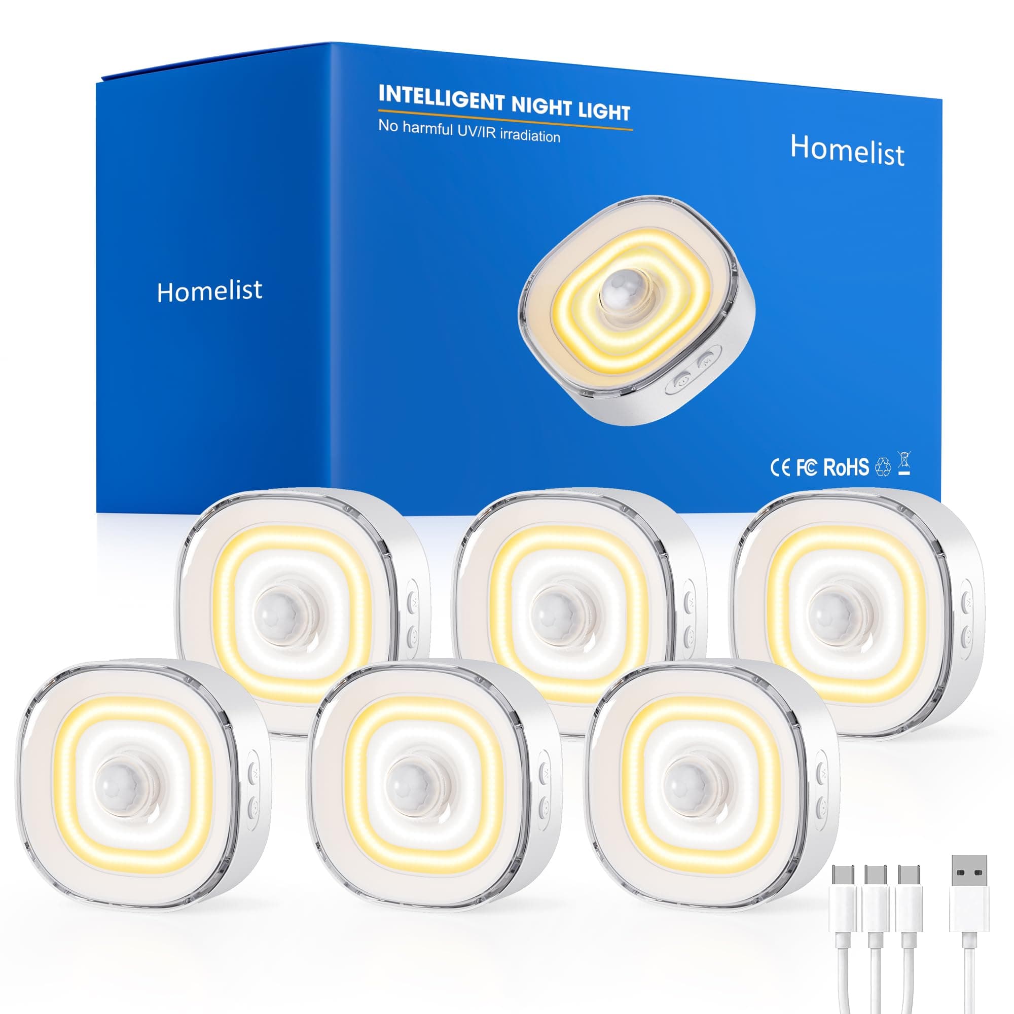 Homelist 68 LED Veilleuse Détecteur de Mouvement, 100 lm 3 Couleurs, Lot de 6 Rechargeables à longue autonomie, Lampe Détecteur de Mouvement Intérieur pour Escalier, Couloir, Chambre, Armoire, Cuisine