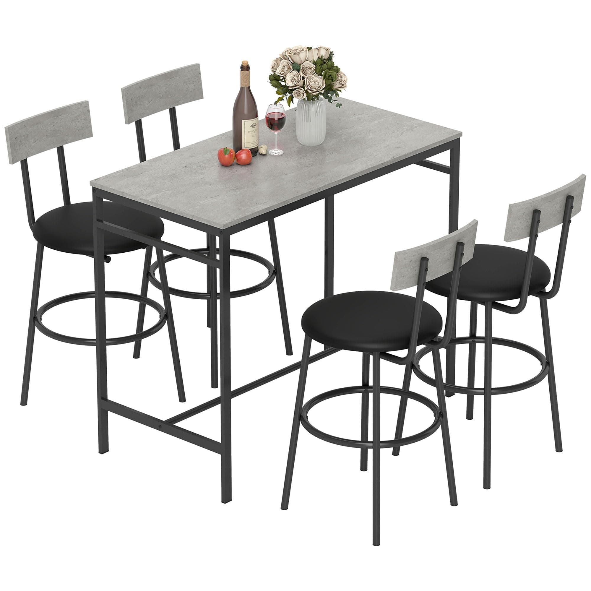 HOMCOM Ensemble Table de Bar avec tabourets, Table Haute Bar et 4 tabourets, Repose-Pieds, Structure en Acier, Style Industriel, Table à Manger Debout avec chaises pour Salle à Manger, Cuisine, Gris