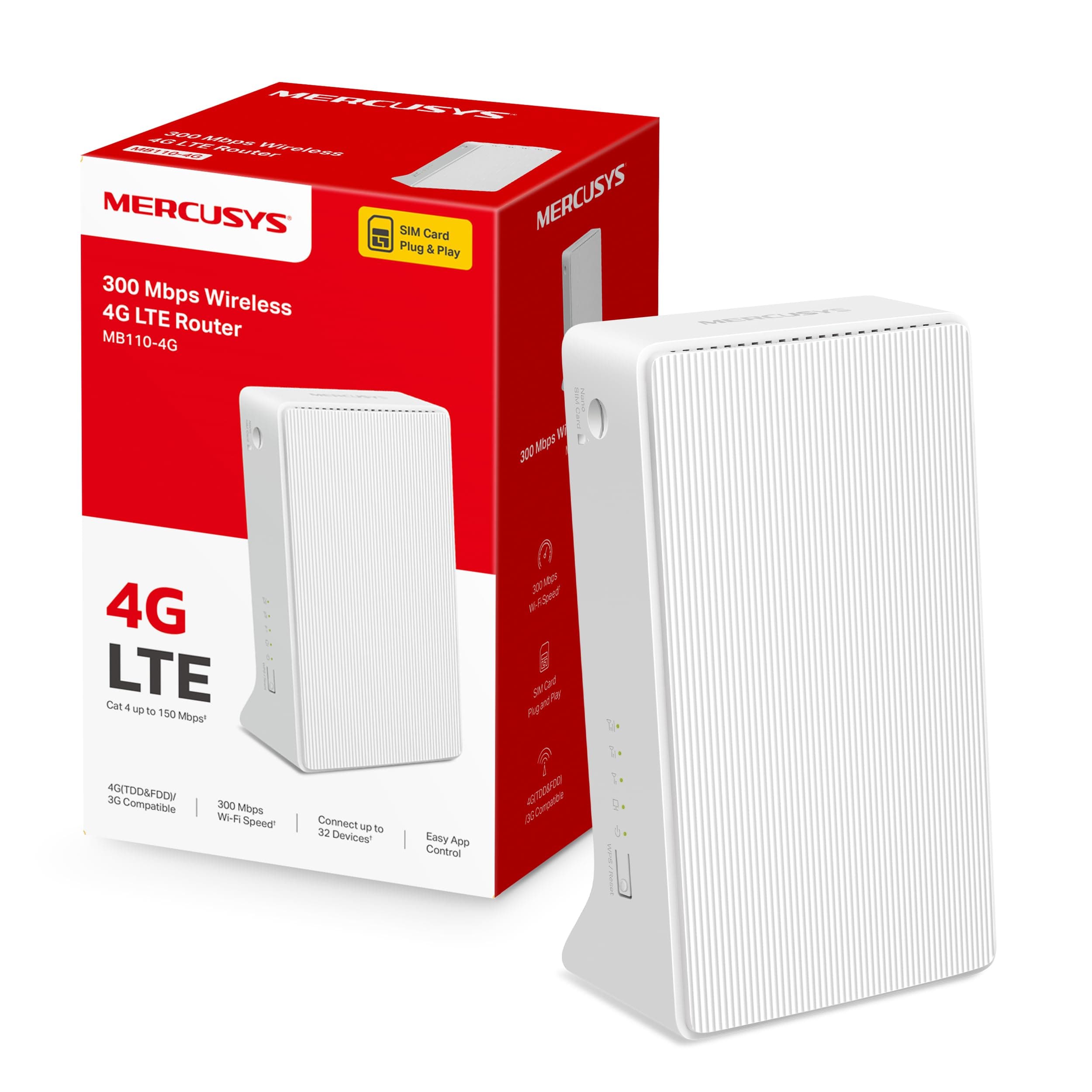 Mercusys TP-Link MB110-4G Router Wifi con Sim LTE Wireless N300Mbps 4G, Porta LAN/WAN, VPN,Senza Configurazione, Antenne Interne, Porte Antenna Esterna, Compatibile con Tutti Gli Operatori