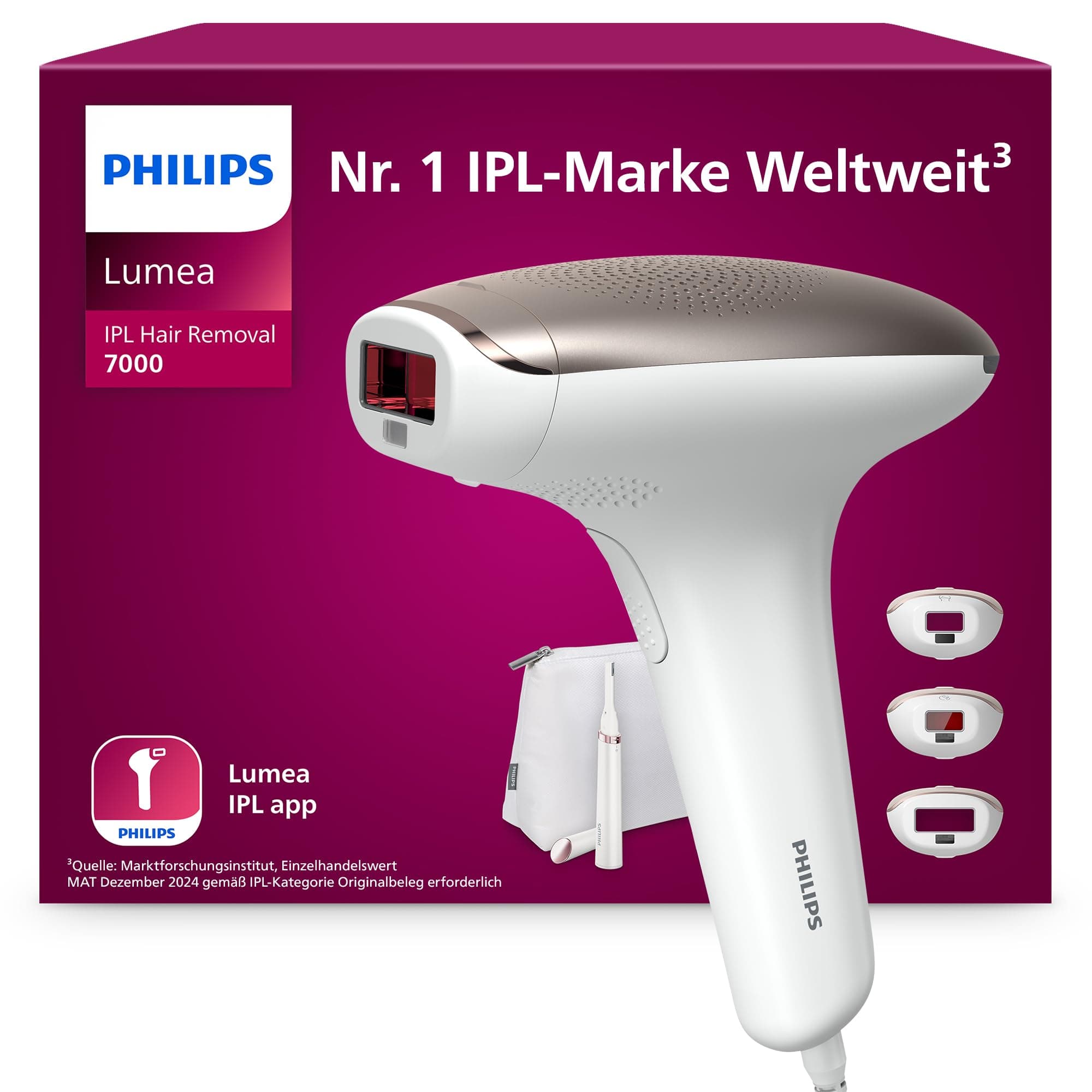Philips Lumea IPL 7000 Series Haarentfernungsgerät – Alternative zur Laserhaarentfernung – 3 Aufsätze für Körper, Gesicht & Bikinizone, inkl. Korrekturtrimmer (BRI923/00)