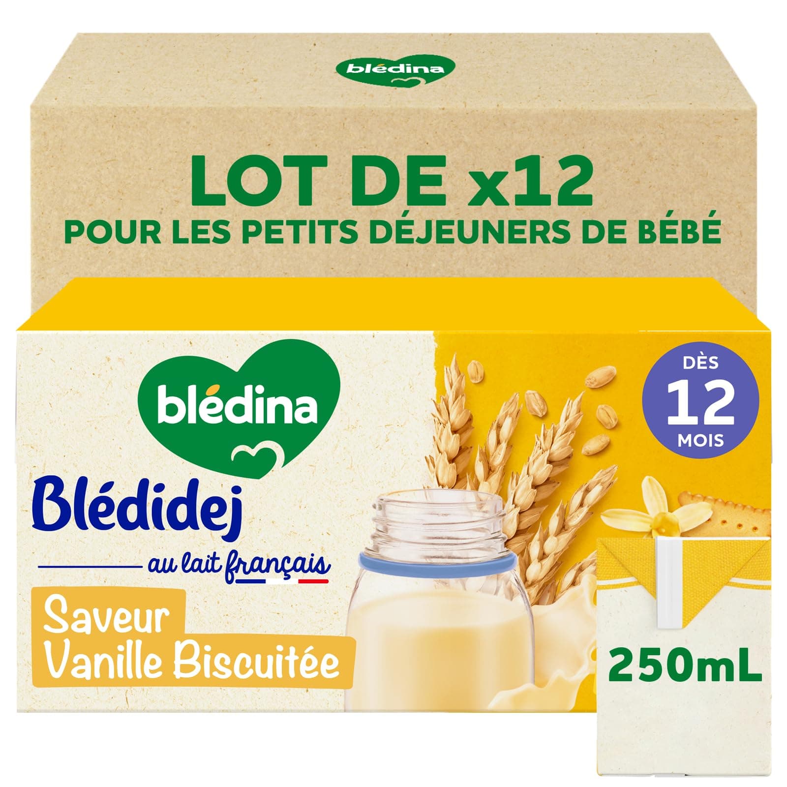 Blédina Blédidej Céréales bébé Biscuité Saveur Vanille - Dès 12 Mois - Lait bébé pour petit-déjeuner - Source de Calcium, Vitamine C, Fer, Oméga 3 (ALA) - Format Pratique x12 briques 250 mL