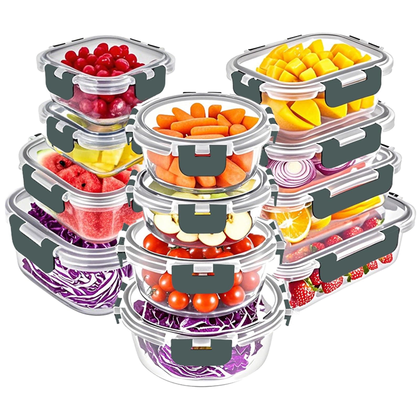 VERONES 12 pièces alimentaires en verre hermétiques avec couvercles, sans BPA, passent au micro-ondes, four, congélateur et lave-vaisselle, gris