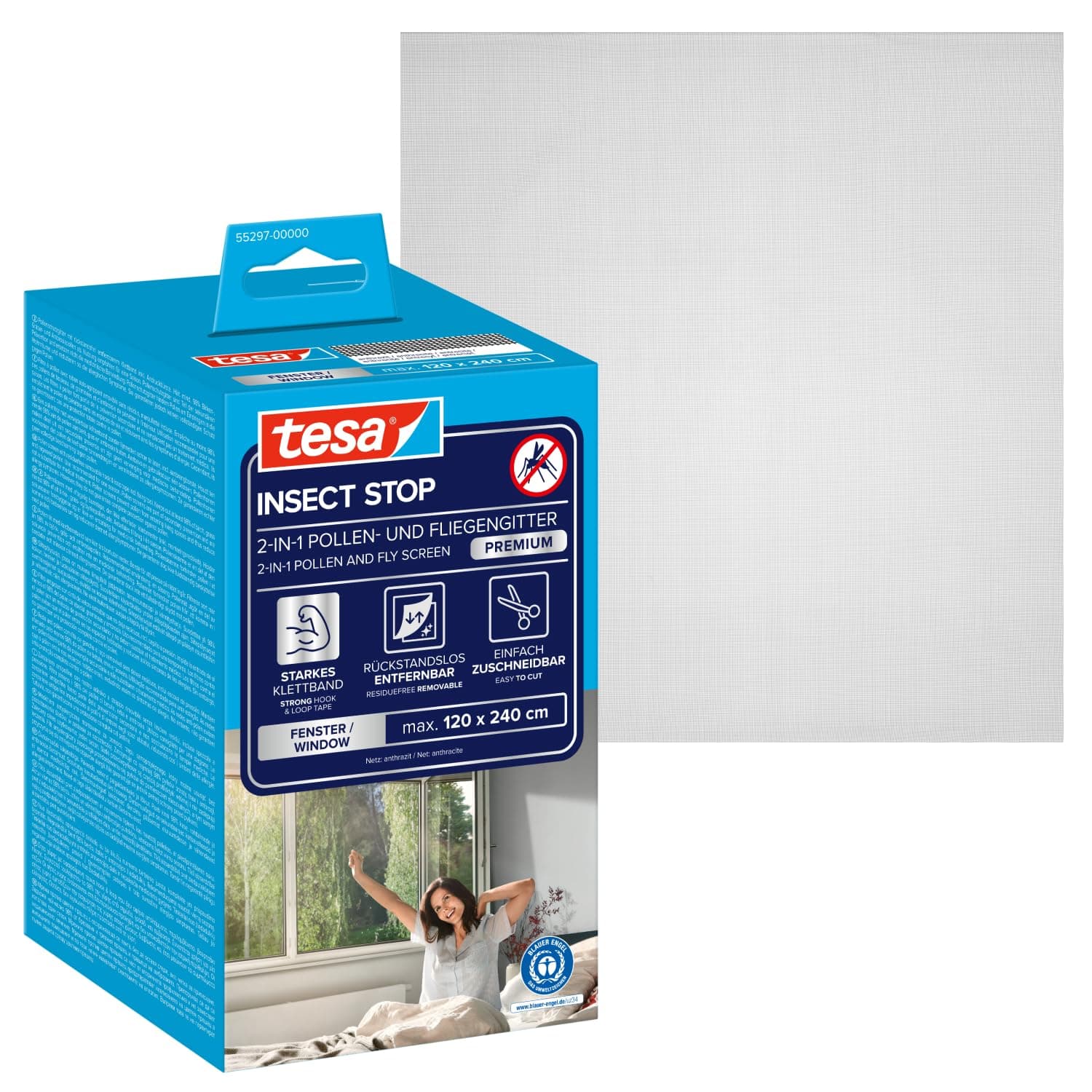 tesa INSECT STOP 2-in-1 Pollen- und Fliegengitter Premium - zuschneidbarer, transparenter Pollenschutz für Allergiker - inkl. selbstklebendem Klettband - Anthrazit - 120 cm x 240 cm