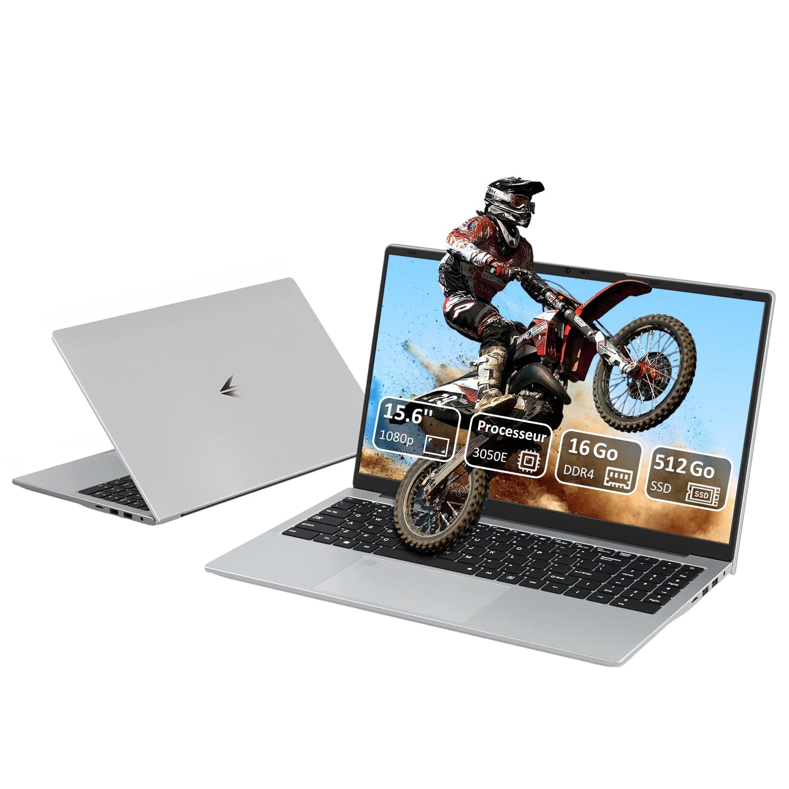 Pryloxen Ordinateur Portable 15,6" Full HD | PC Ultra-Fin | Processeur 3050e Dual Core | 16 Go RAM | SSD 512 Go Ultra-Rapide | Clavier Rétroéclairé | Idéal Bureautique/Études| Argenté