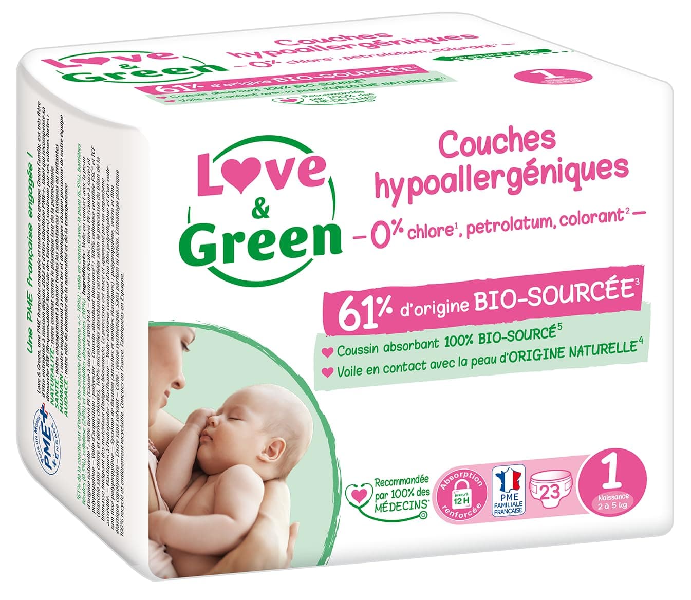 Love & Green - Couches Bébé Saines et Ecologiques - Taille 1 (2-5 kg) - 23 couches - Absorbante, anti-fuites et sans ingrédients indésirables
