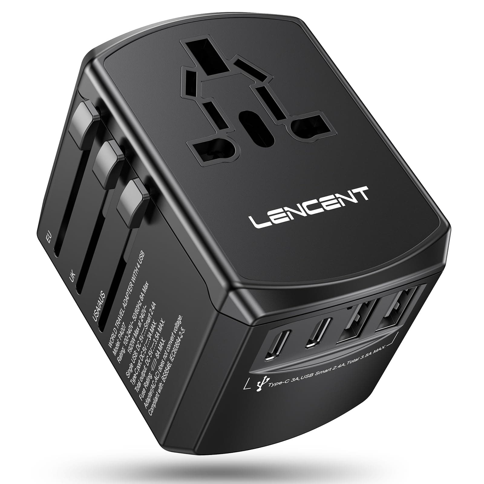 LENCENT Adaptador Enchufe de Viaje Universal, Cargador de Pared USB Internacional de 2 Puertos USB-A y 2 Tipo C para EEUU/UK/EU/AUS Más de 200 Países para Teléfonos, Tabletas, Cámara y más, Negro