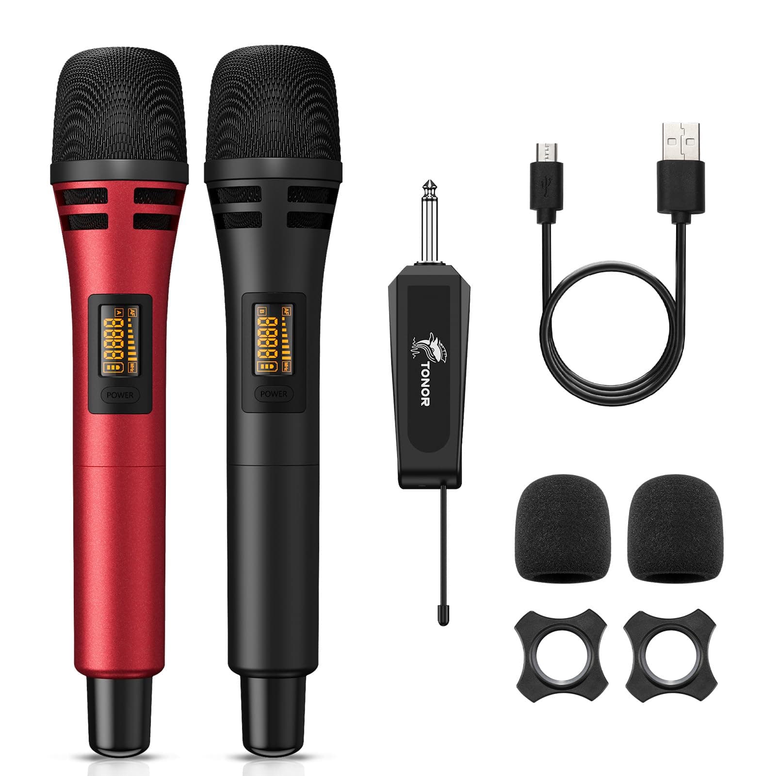 TONOR Micrófonos inalámbricos, Sistema Dual Karaoke UHF y con Receptor Recargable, Micrófono dinámico inalámbrico Kit para Cantar, Bodas, Fiestas de DJ, discursos, 60M, Negro y Rojo, TW320