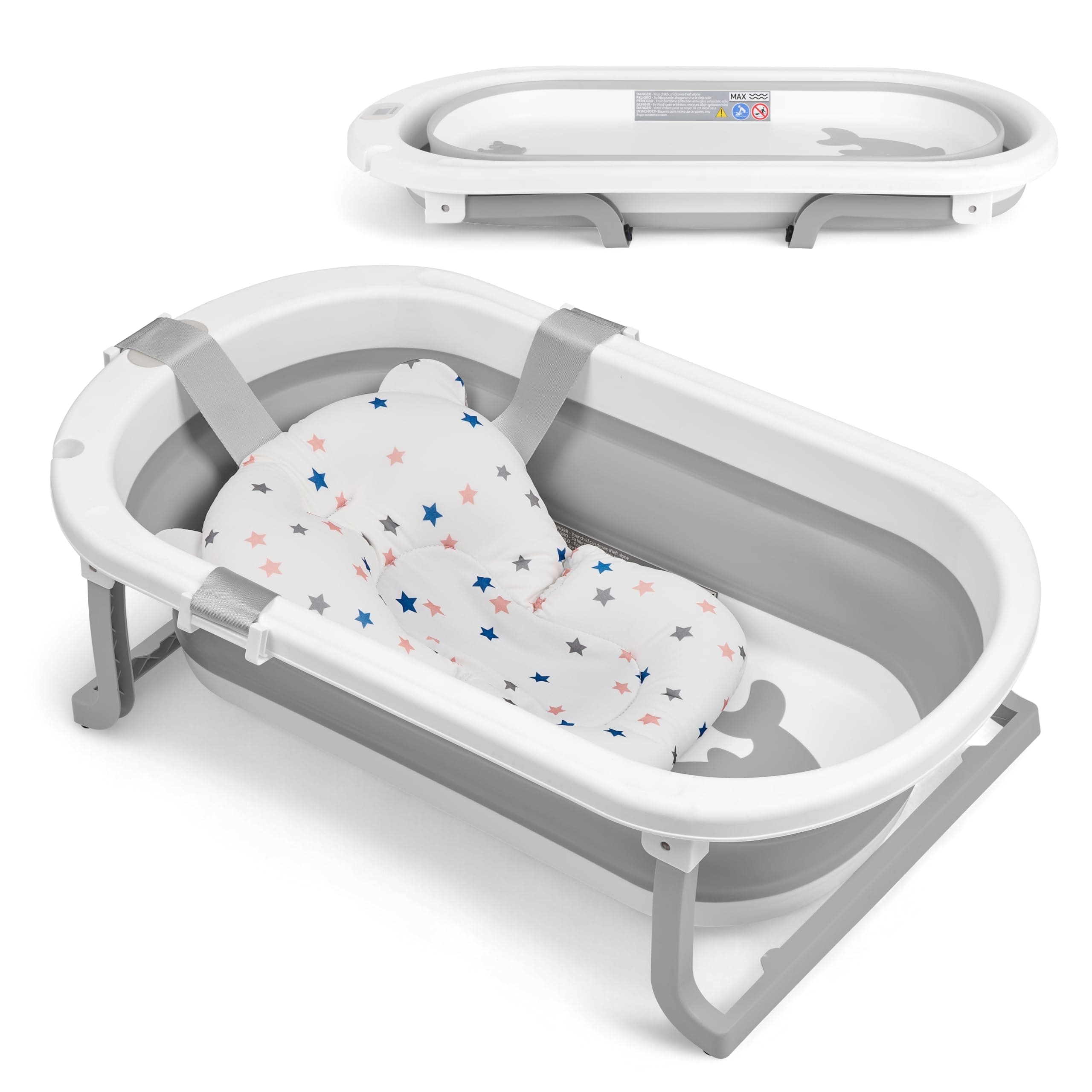 KikkaBoo Vaschetta Bagnetto Neonato Pieghevole WILLY, Salvaspazio con Termometro Integrato, Cuscino Morbido di Supporto, Gambe Antiscivolo, 0-36 Mesi, Regalo Nascita Bambino, Grigio