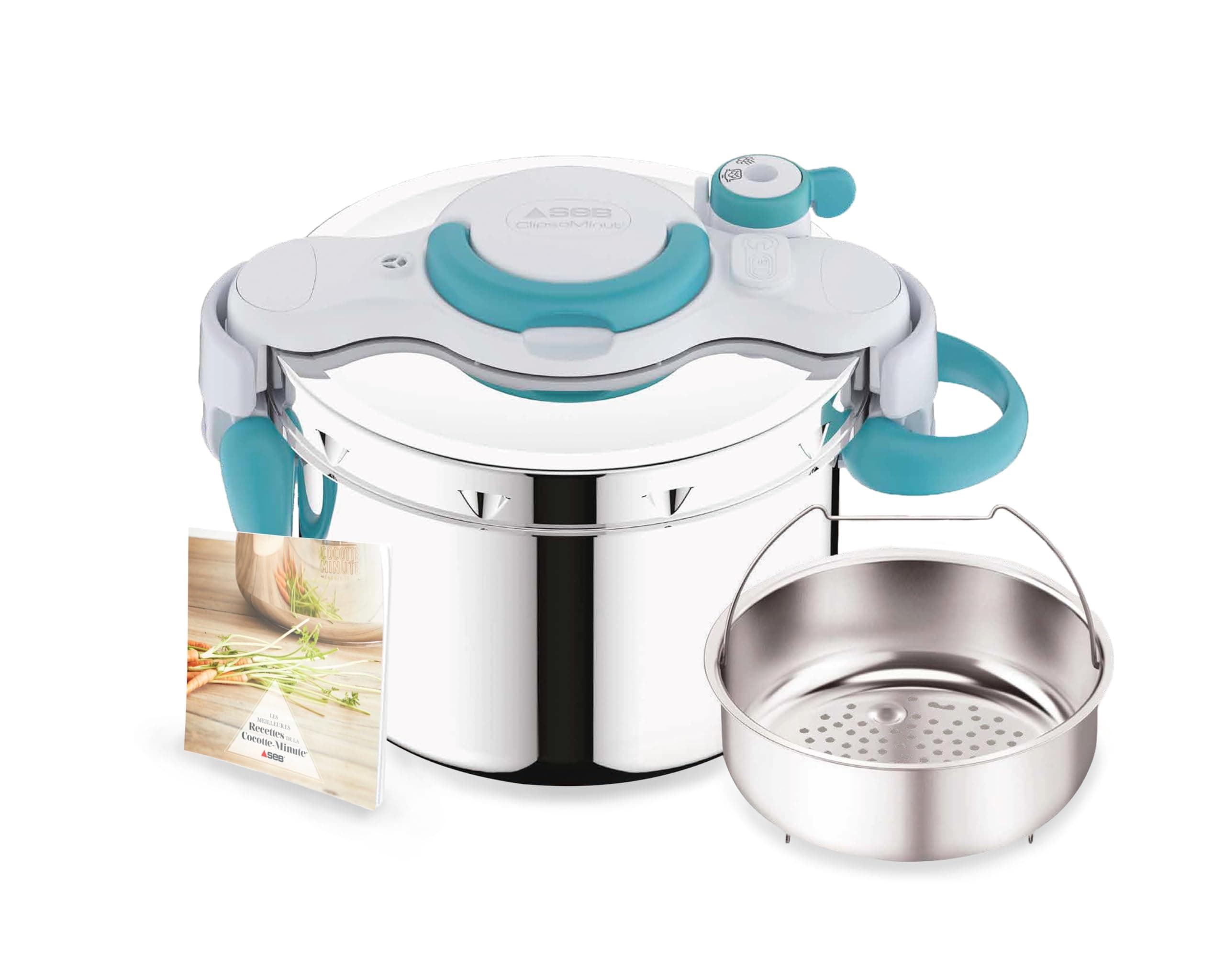 SEB - Autocuiseur ClipsoMinut Easy - 6 L - Inox - Bleu | Cocotte minute induction pour 5 a 6 personnes - Ouverture facile une main - Poignées rabattables - Cuve inox garantie 10 ans
